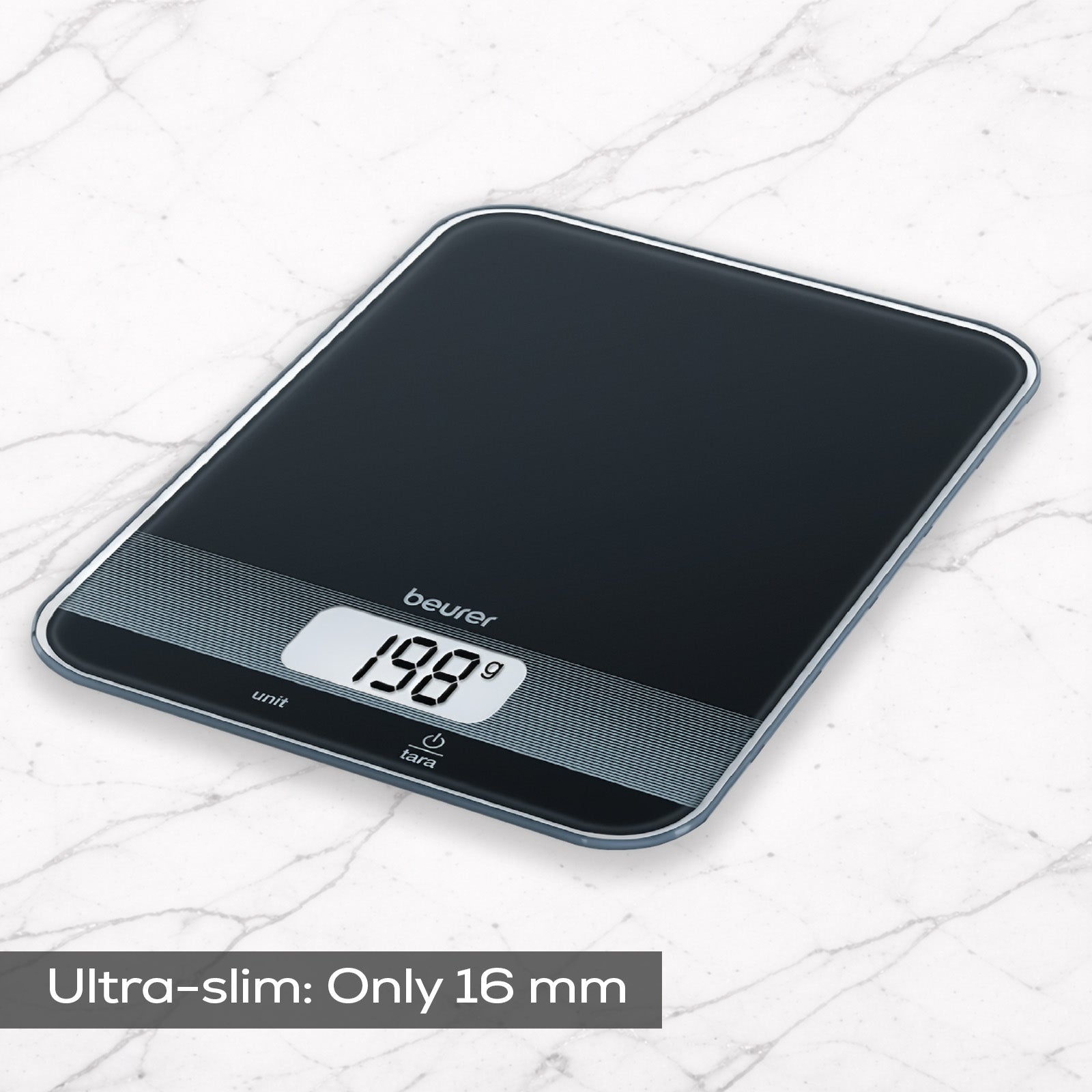 Beurer Germany KS 19 Digital Kitchen Scale | 1g Increments to 5kg. Tare Mode. Glass | Sleek Black