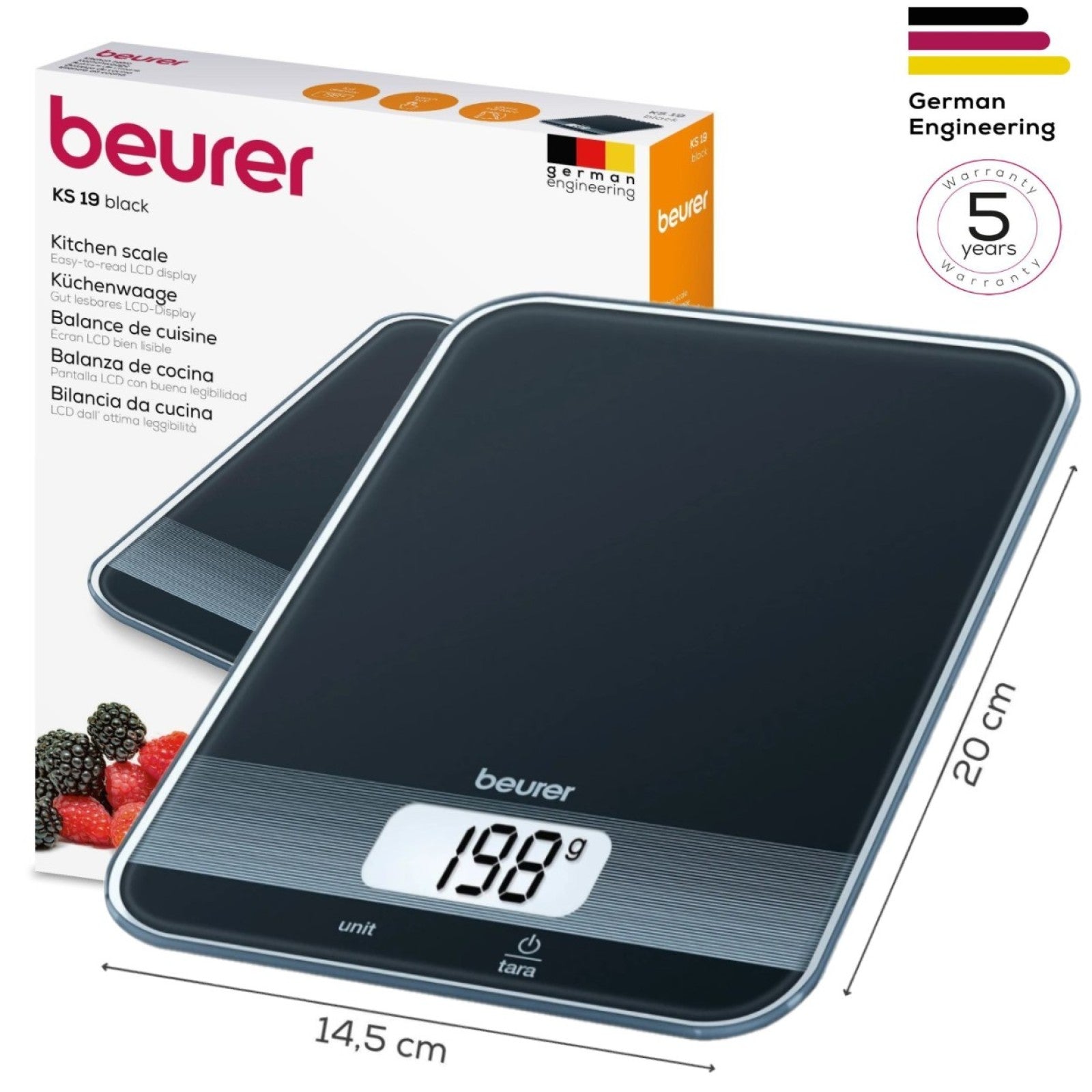 Beurer Germany KS 19 Digital Kitchen Scale | 1g Increments to 5kg. Tare Mode. Glass | Sleek Black