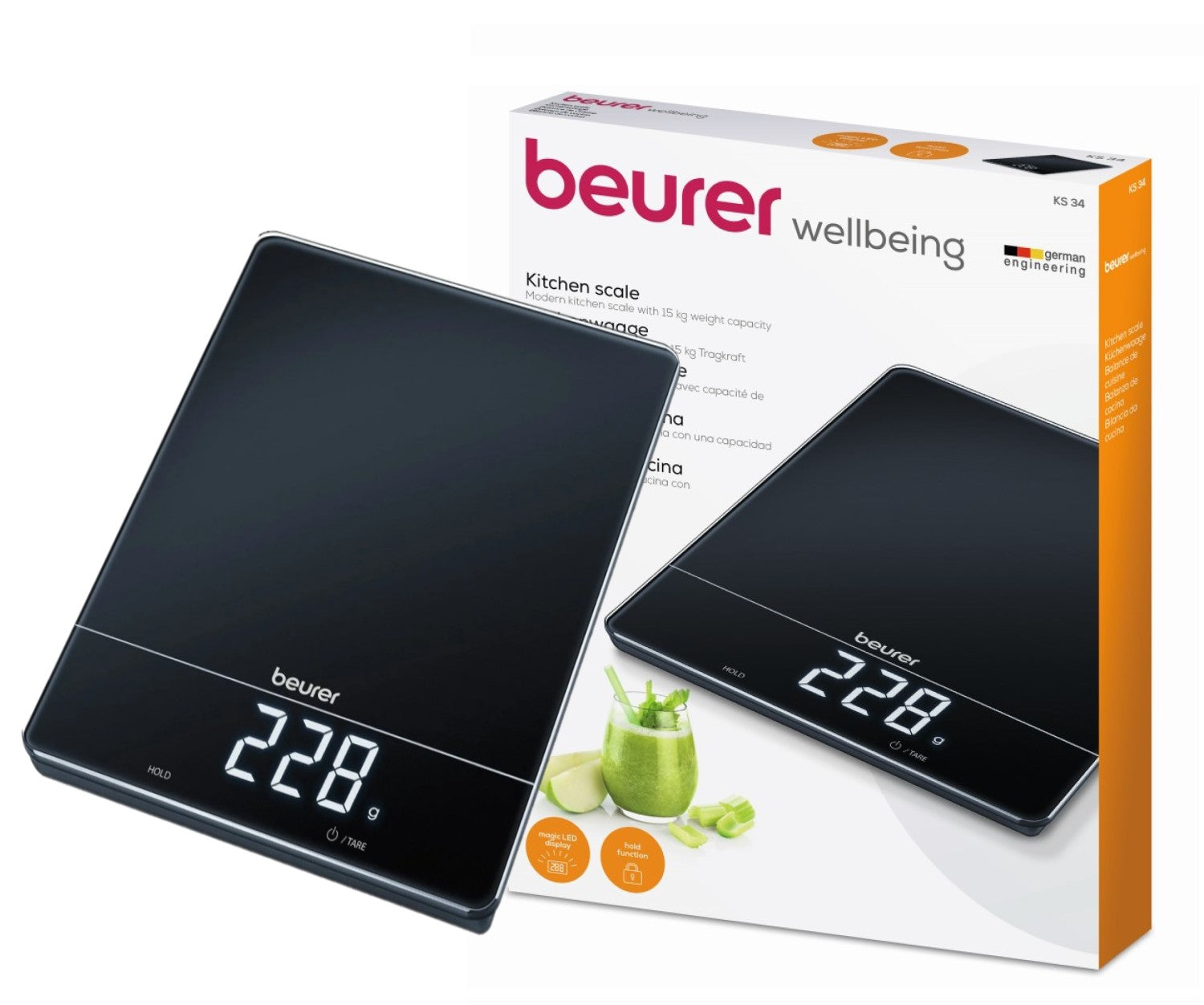 Beurer KS 34 Digital Glass Kitchen Scale: XL 15kg Weight Capacity. 1g Increments. Large LED Display