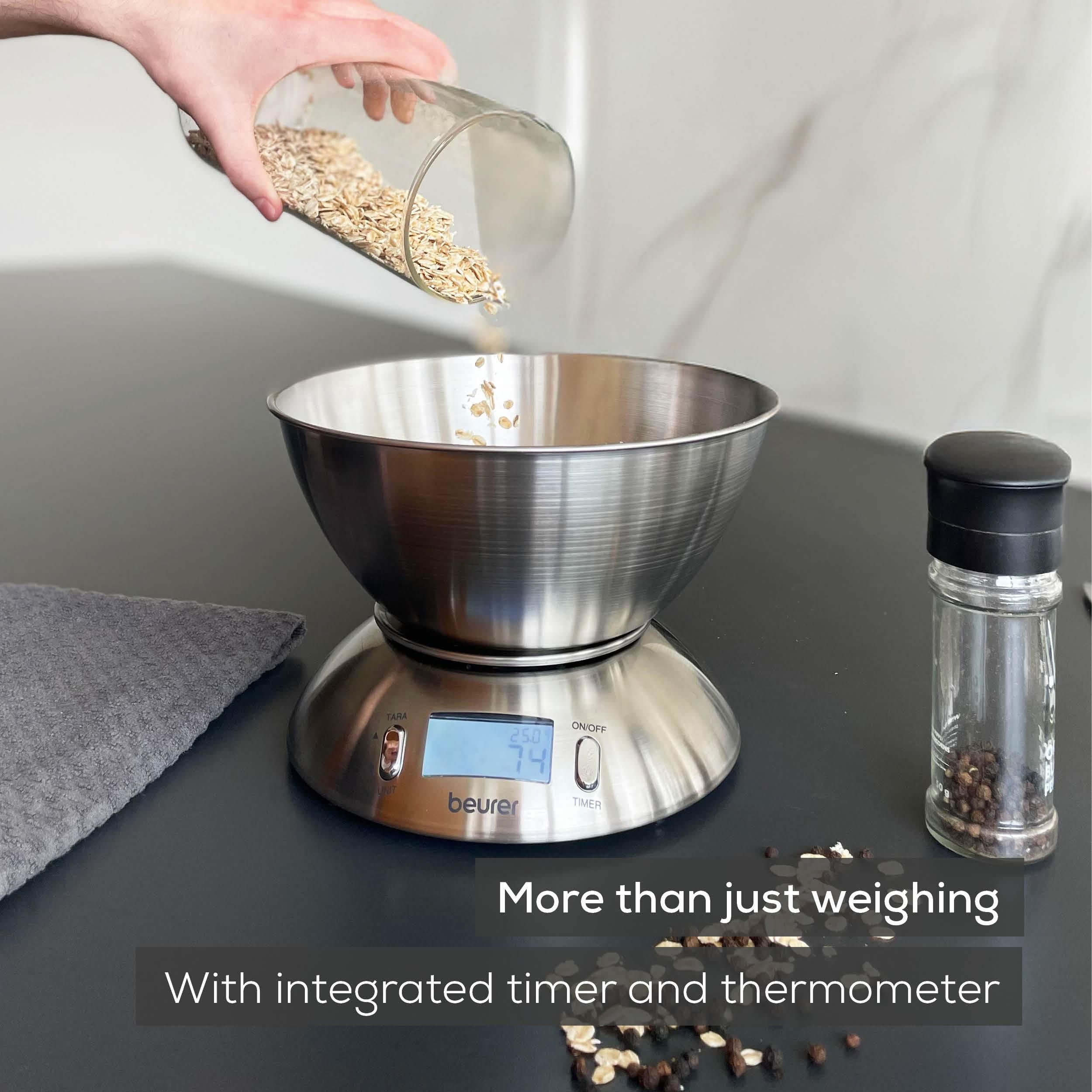 Beurer Germany Kitchen Scale with 1.5L Dishwasher-Safe Stainless-Steel Bowl, Integrated Room Thermometer & Timer. 5kg capacity. 1g Graduation