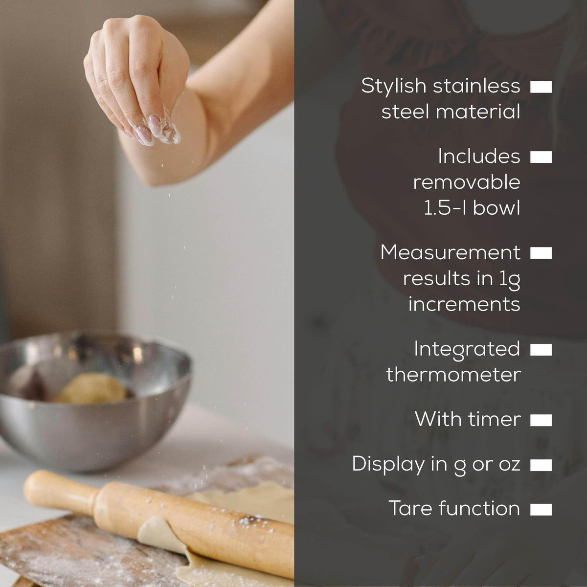 Beurer Germany Kitchen Scale with 1.5L Dishwasher-Safe Stainless-Steel Bowl, Integrated Room Thermometer & Timer. 5kg capacity. 1g Graduation
