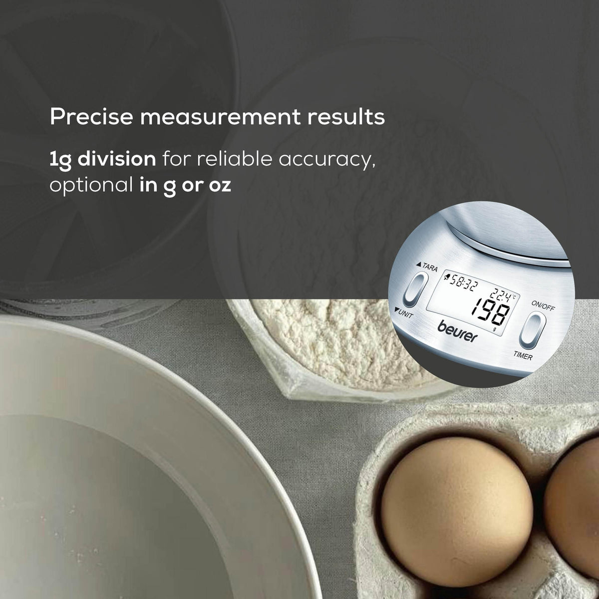 Beurer Germany Kitchen Scale with 1.5L Dishwasher-Safe Stainless-Steel Bowl, Integrated Room Thermometer & Timer. 5kg capacity. 1g Graduation