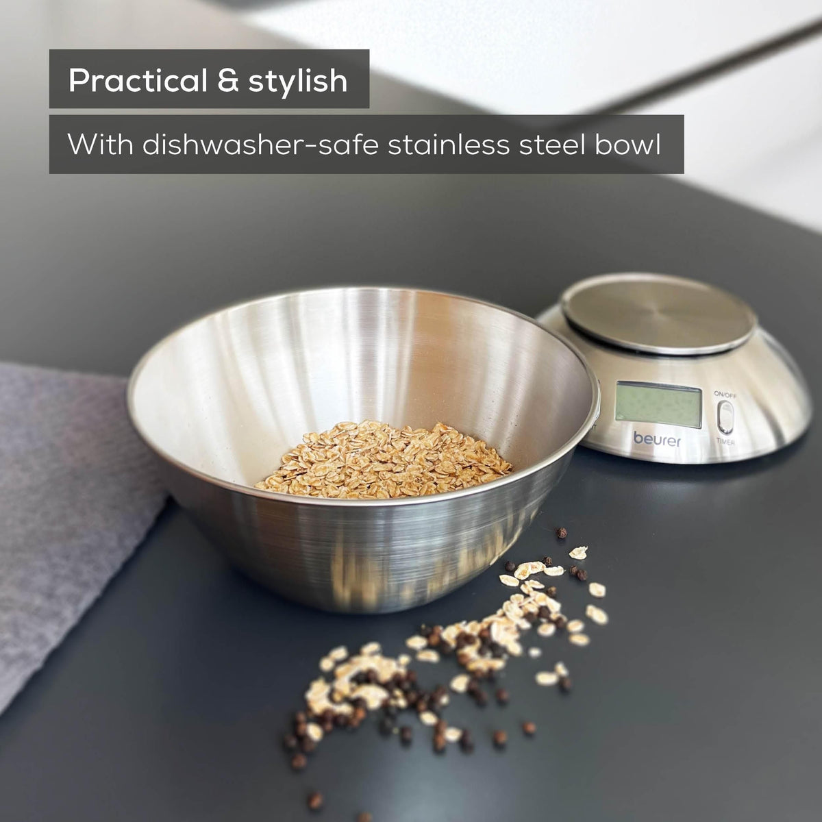 Beurer Germany Kitchen Scale with 1.5L Dishwasher-Safe Stainless-Steel Bowl, Integrated Room Thermometer & Timer. 5kg capacity. 1g Graduation