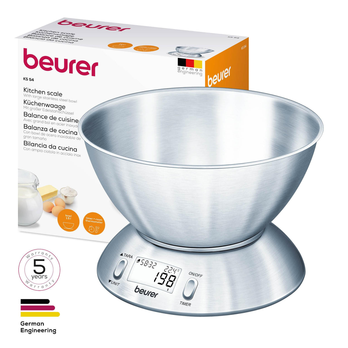 Beurer Germany Kitchen Scale with 1.5L Dishwasher-Safe Stainless-Steel Bowl, Integrated Room Thermometer & Timer. 5kg capacity. 1g Graduation