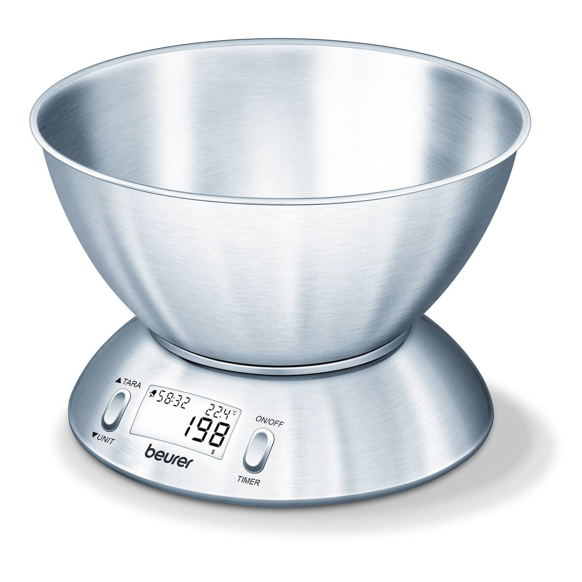 Beurer Germany Kitchen Scale with 1.5L Dishwasher-Safe Stainless-Steel Bowl, Integrated Room Thermometer & Timer. 5kg capacity. 1g Graduation