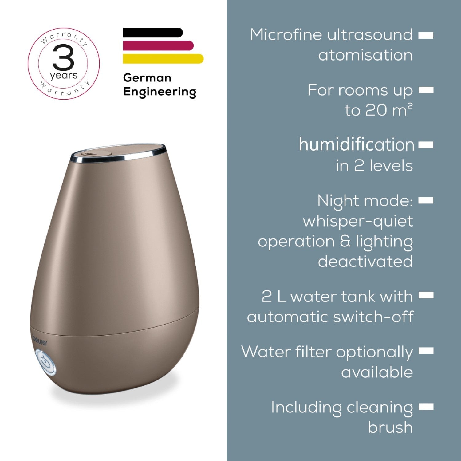 Beurer Germany LB 37 | 2-in-1 Air Humidifier & Aroma Diffuser for All Rooms Up To 20m² | Toffee