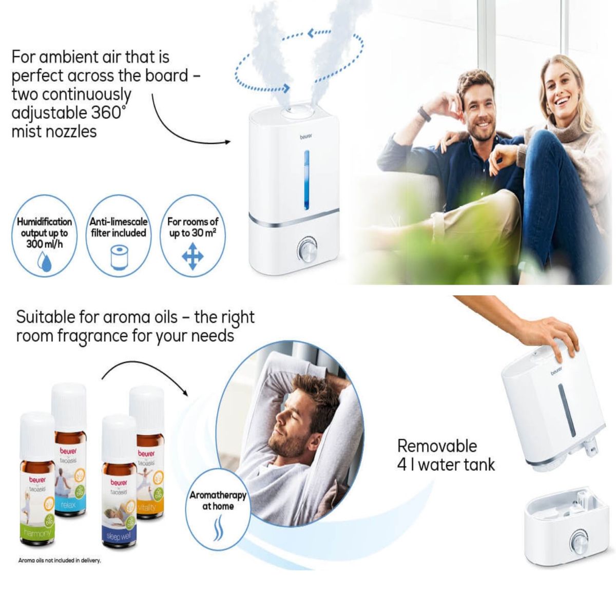 Beurer Germany LB 45 Ultrasonic Air Humidifier & Optional Aroma Oil Diffuser | Maximum 30m² Rooms