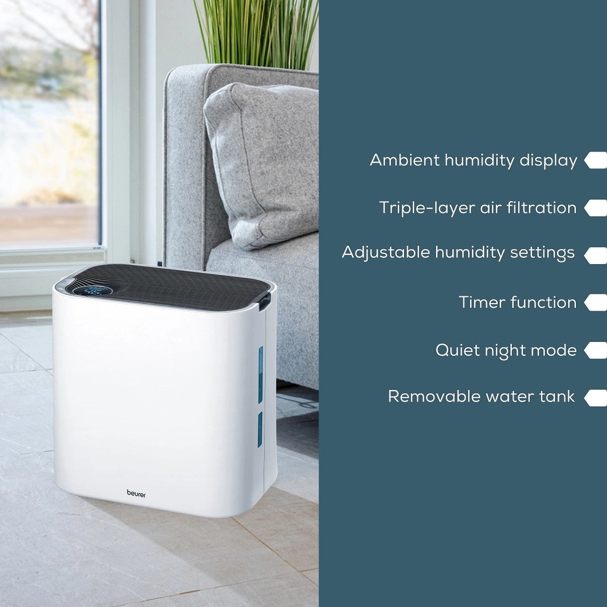 Beurer LR 330 2-in-1 Air Purifier & Humidifier | Filter Allergens, Dust, Pollen, Pet Hair & More | For Rooms Up To 35m²