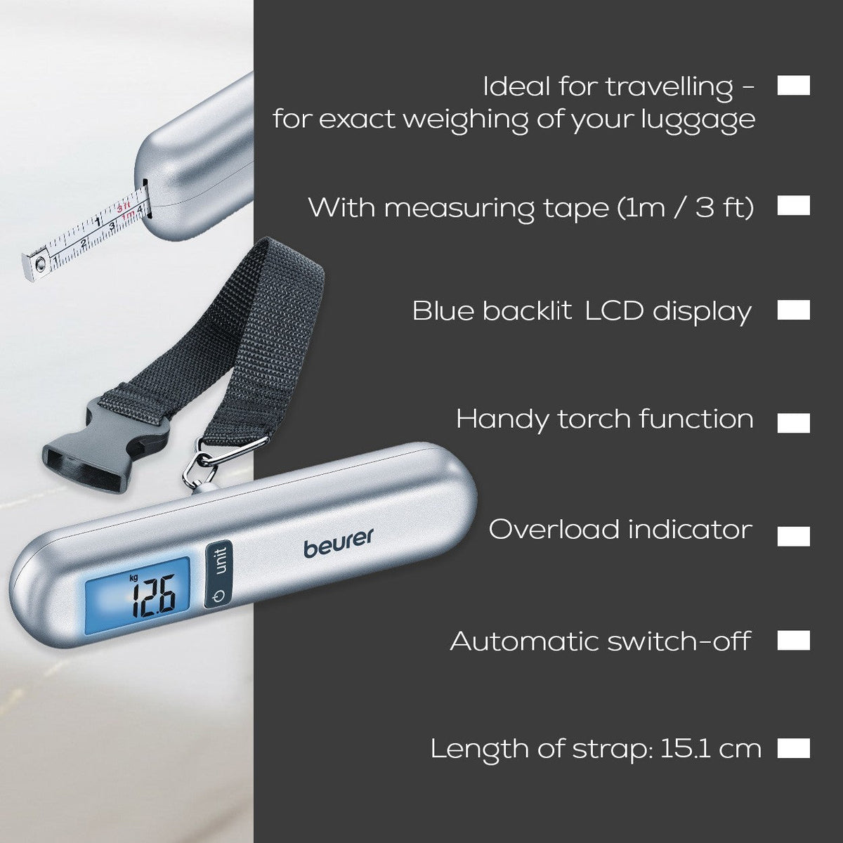Beurer LS 06 Luggage Scale with Integrated Tape Measure | Small & Portable | Fits in Your Handbag | 40kg Capacity | 10g Precision