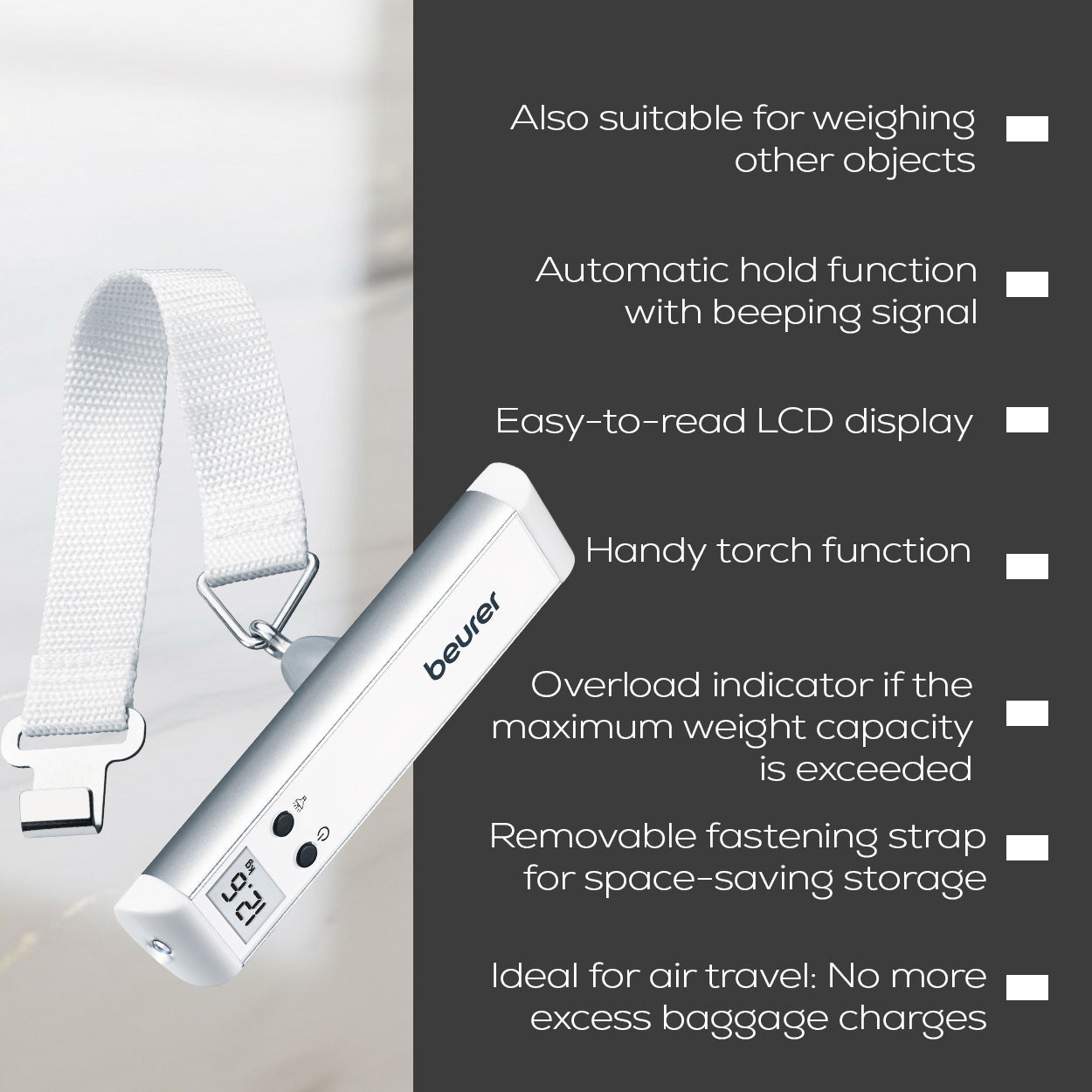 Beurer LS 10 Luggage Scale with Torch | Small & Portable | Fits in Your Handbag | 50kg Capacity | 50g Precision