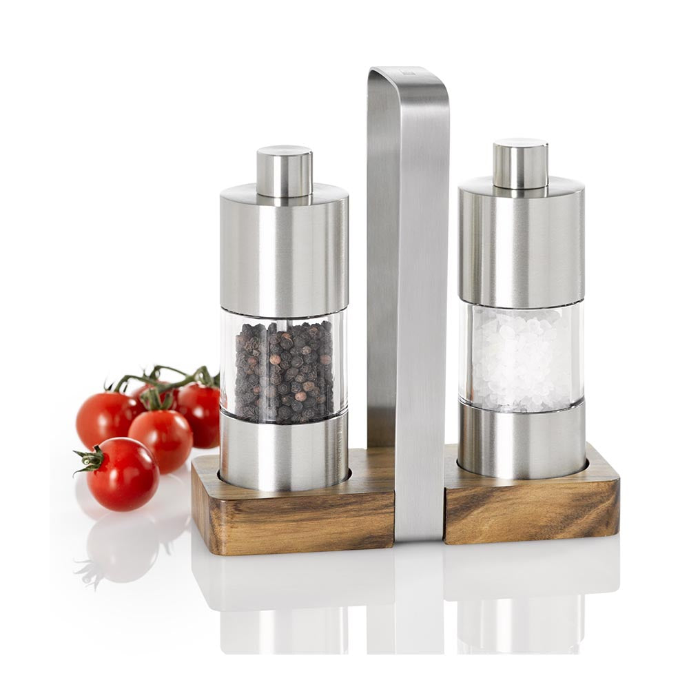 AdHoc Salt & Pepper Grinders on Wood Tray with Handle - Menage Classic 3-Pieces