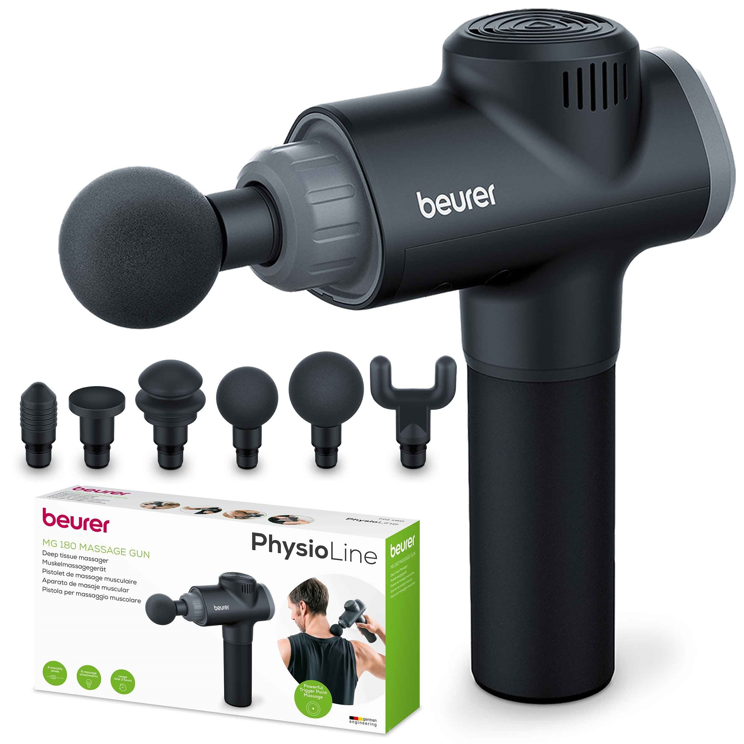 Beurer MG 180 Rechargeable Massage Gun with 6 Attachments: Targeted Deep-Tissue Muscle Massager