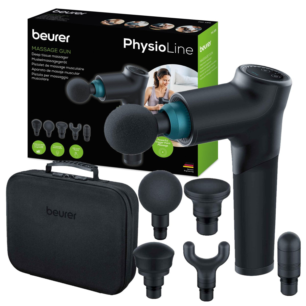 Beurer MG 185 Massage Gun - 9 Intensity levels, 3 Programs, 5 Attachments