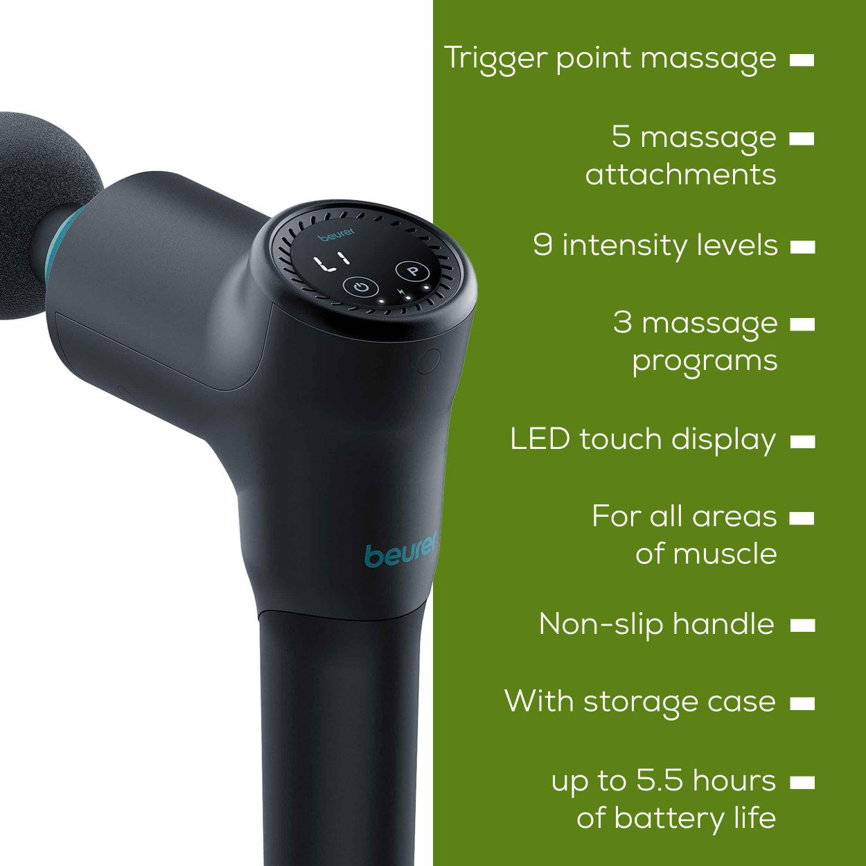 Beurer MG 185 Massage Gun - 9 Intensity levels, 3 Programs, 5 Attachments