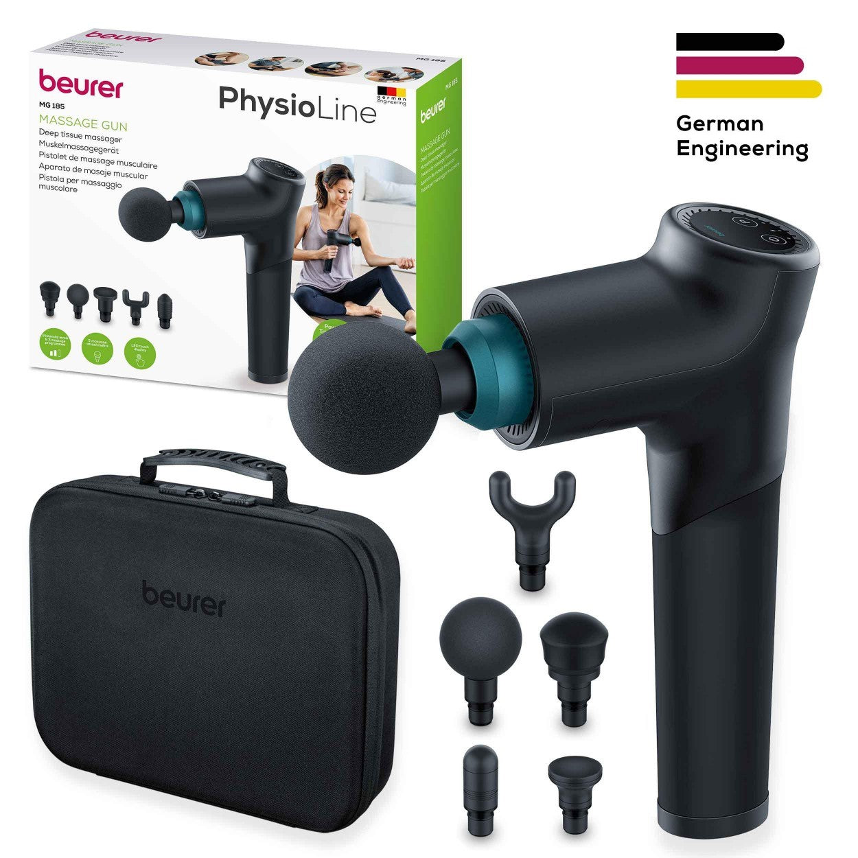Beurer MG 185 Massage Gun - 9 Intensity levels, 3 Programs, 5 Attachments