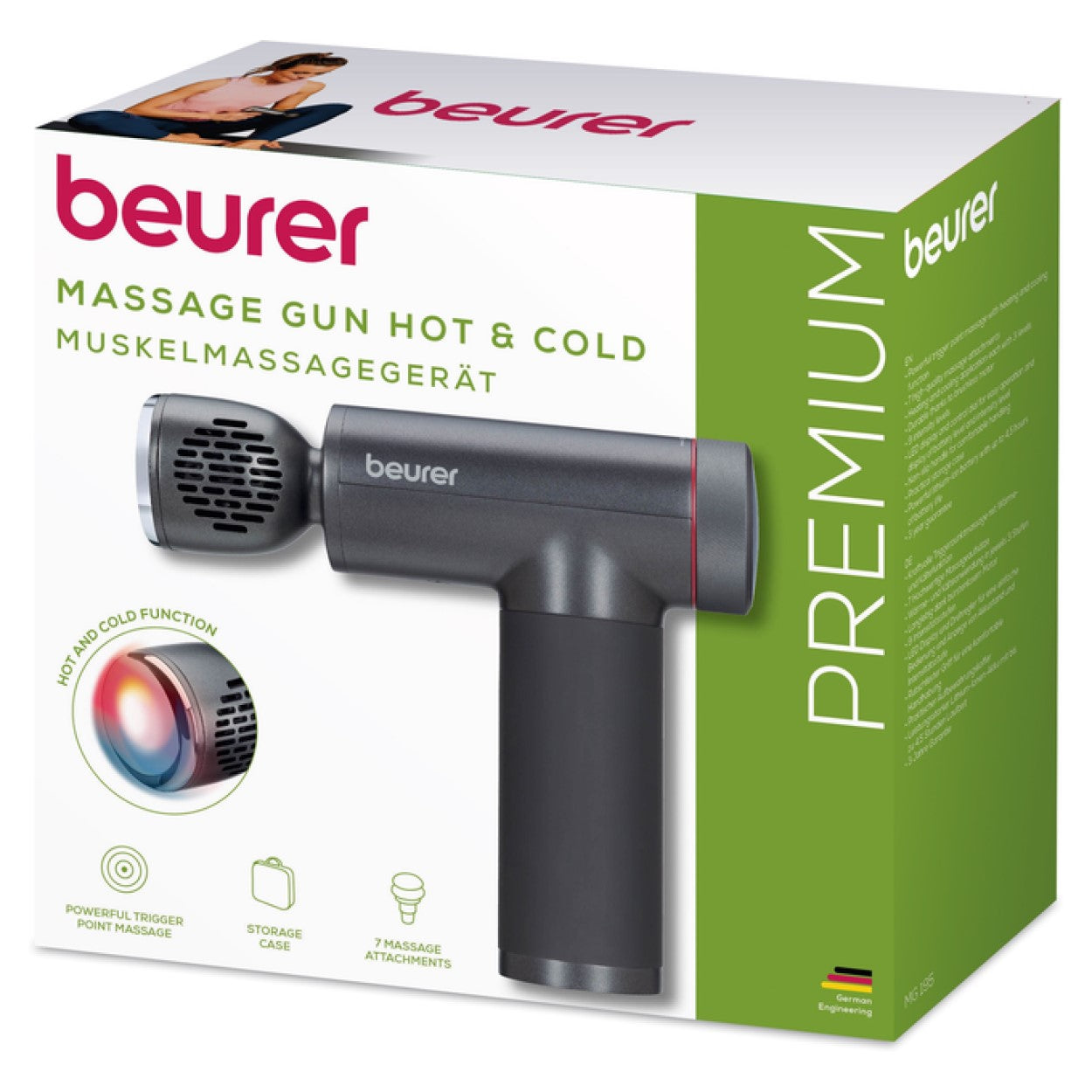 Beurer MG 195 Massage Gun: Hot & Cold Trigger Point Massage, 9 Intensities, 7 Attachments