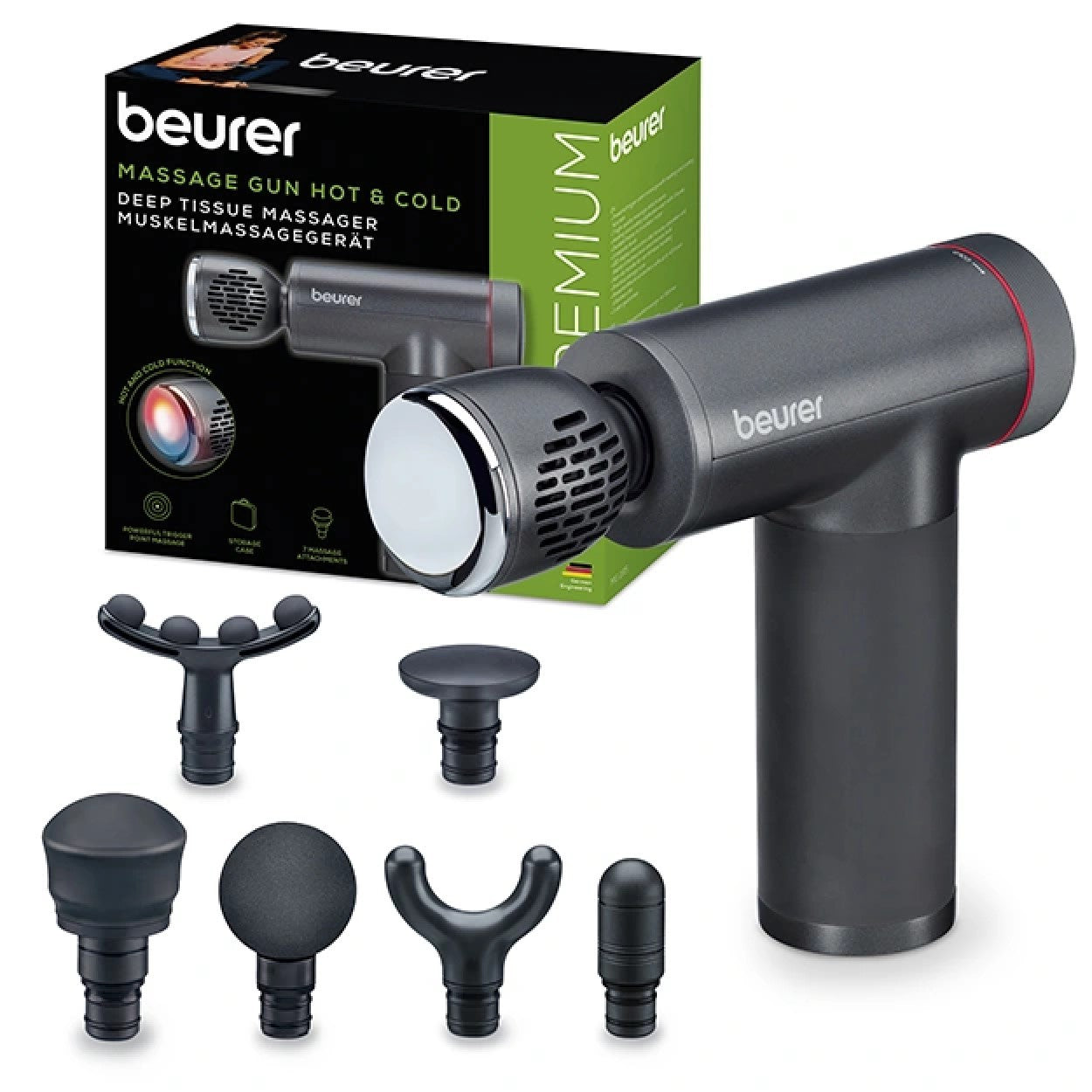 Beurer MG 195 Massage Gun: Hot & Cold Trigger Point Massage, 9 Intensities, 7 Attachments