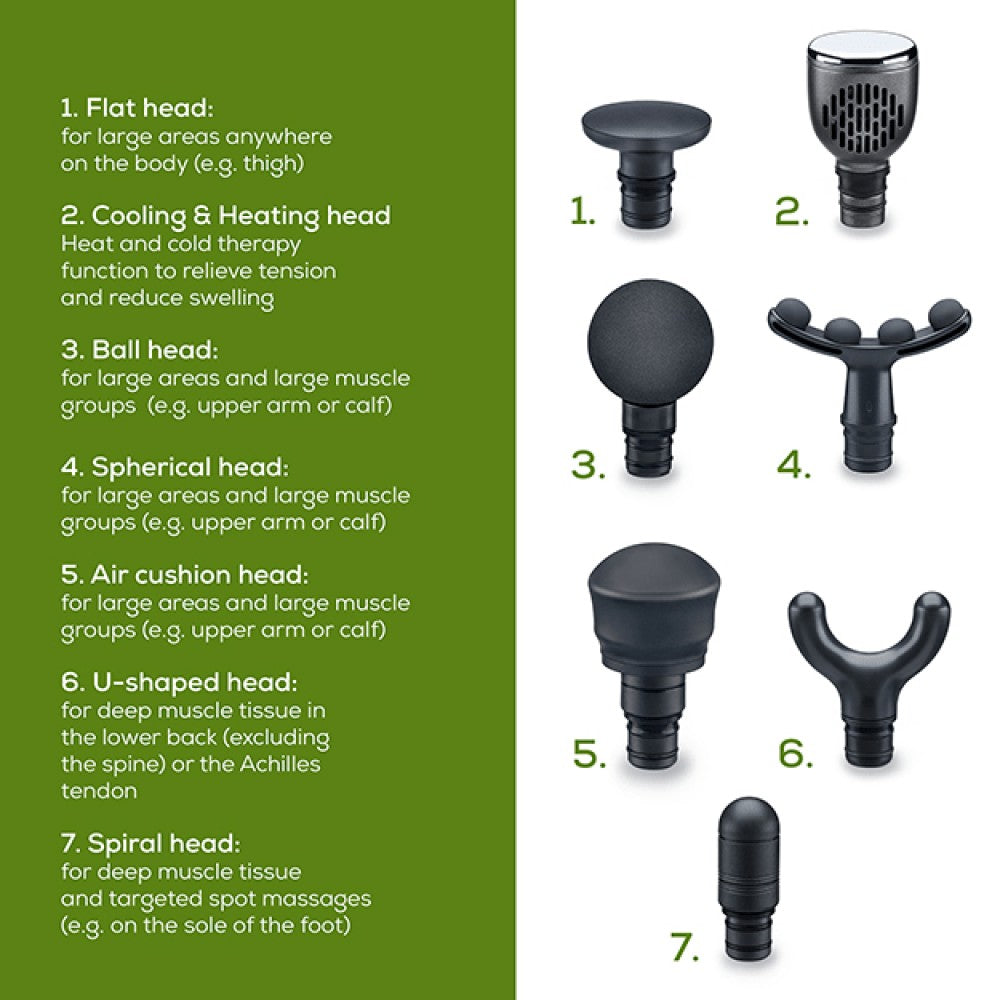 Beurer MG 195 Massage Gun: Hot & Cold Trigger Point Massage, 9 Intensities, 7 Attachments