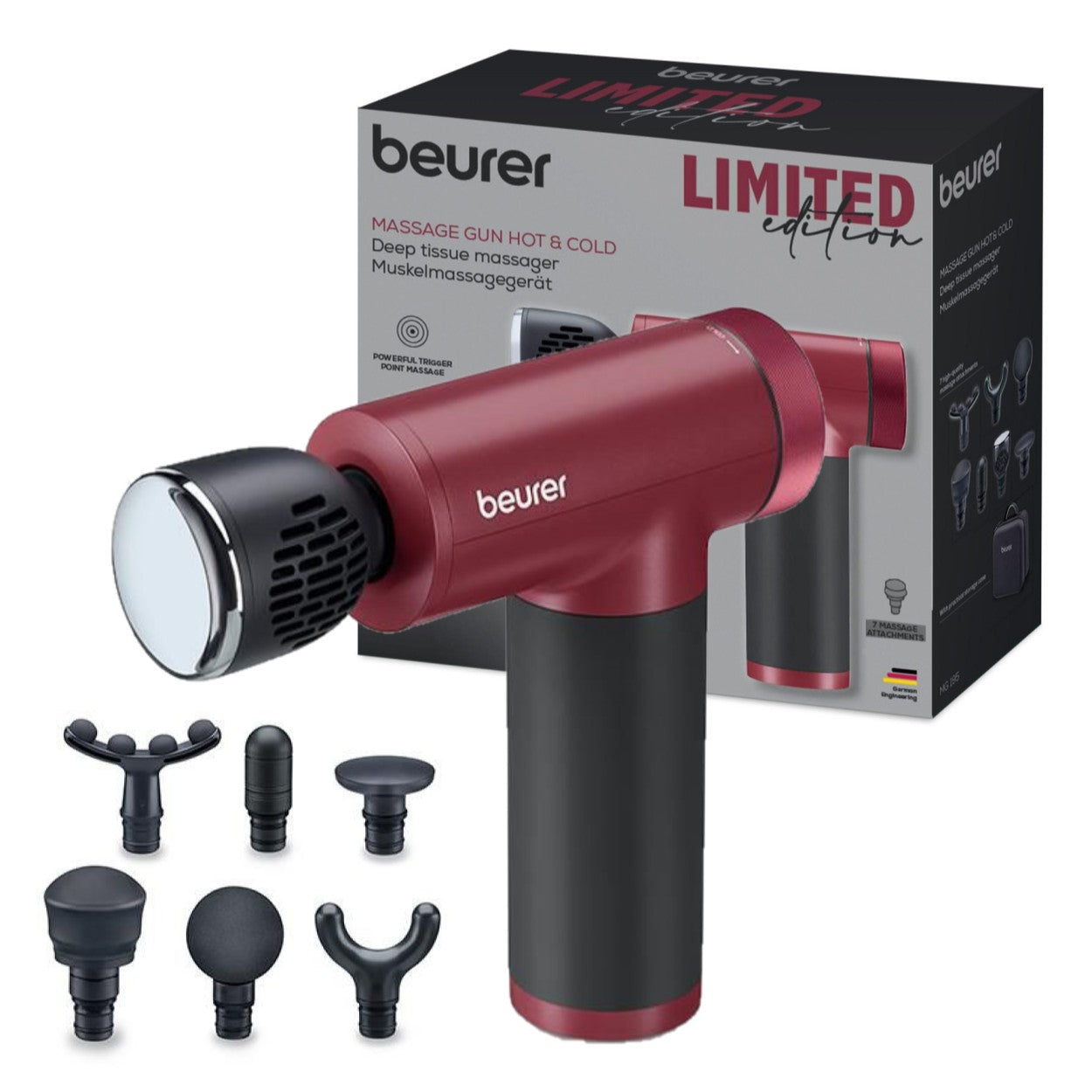 Beurer MG 195 LE25 Massage Gun | Hot & Cold Trigger Point Massage | 7 Attachments | 9 Modes | USB Rechargeable