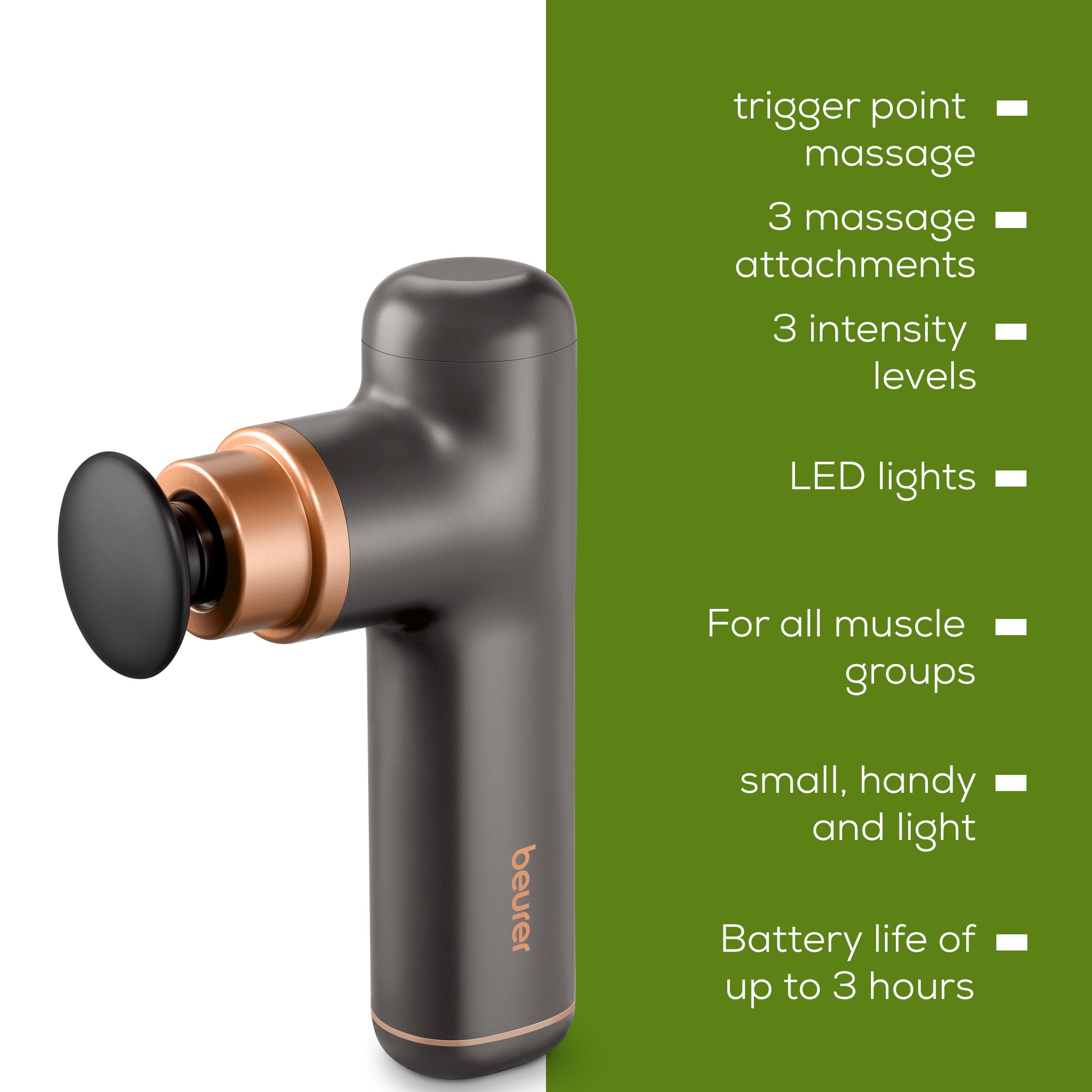 Beurer MG 79 Travel Massage Gun: Powerful Trigger-Point Massage for All Muscle Groups, Ideal for Sensitive Areas: Black & Bronze