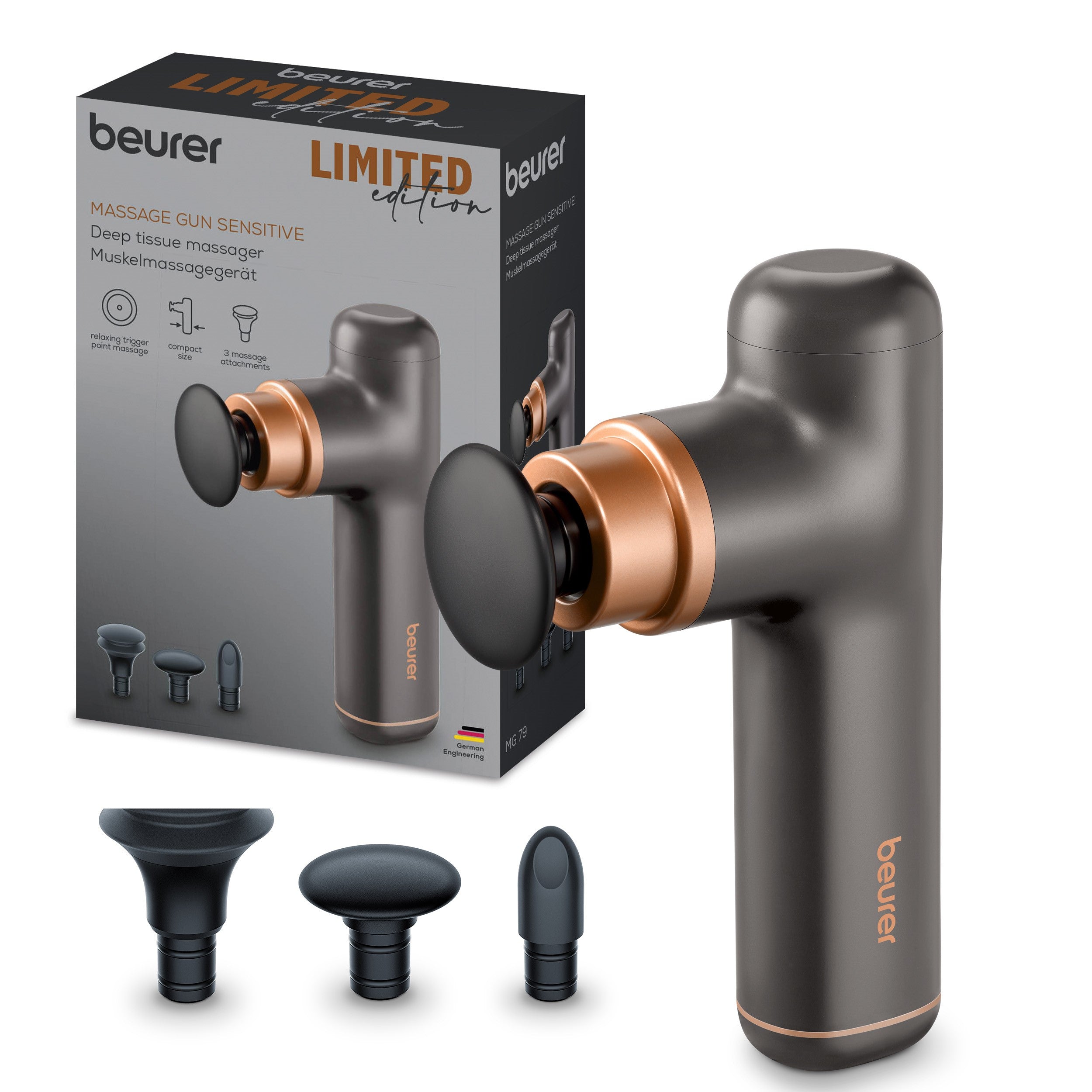 Beurer MG 79 Travel Massage Gun: Powerful Trigger-Point Massage for All Muscle Groups, Ideal for Sensitive Areas: Black & Bronze