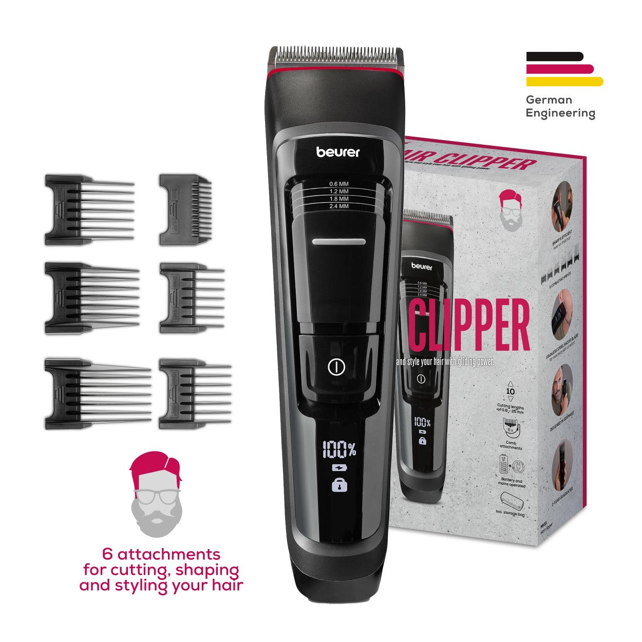 Beurer Germany MN5X Hair Clipper & Trimmer: 7 Attachments. 10 Cutting Lengths. Rechargeable