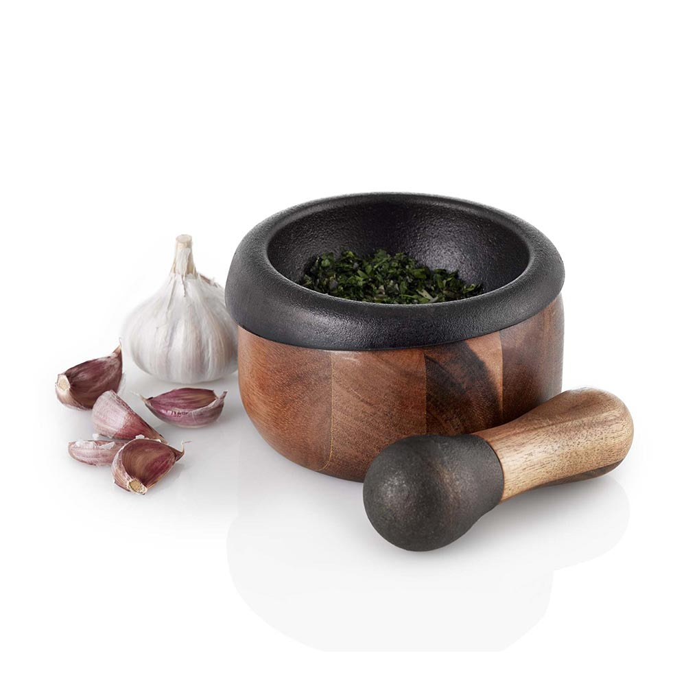 AdHoc Mortar and Pestle Cast Iron and Acacia Wood CRUSH – 2 Pieces