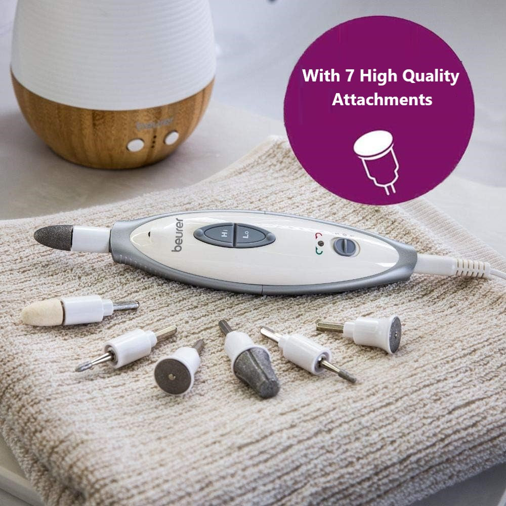 Beurer MP 41 Electric Manicure & Pedicure Nail Tool Set: 7 Attachments, 2 Speed Settings, LED Light