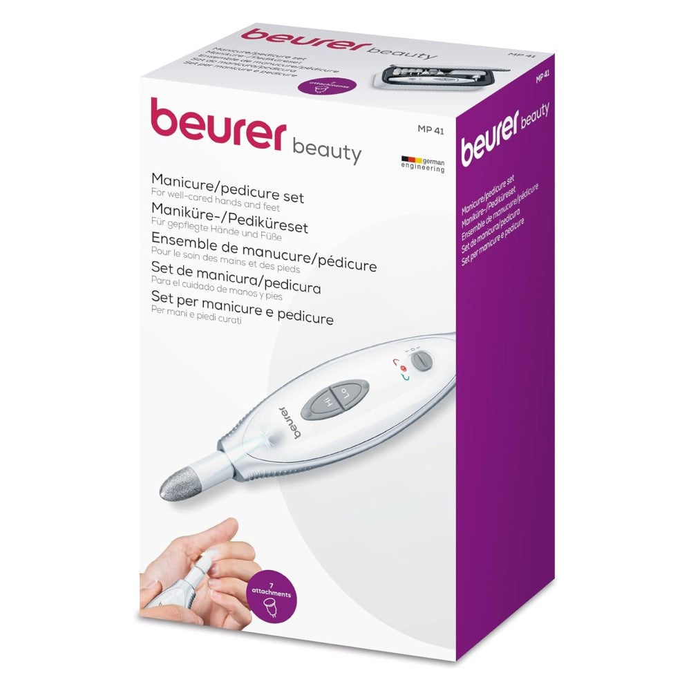 Beurer MP 41 Electric Manicure & Pedicure Nail Tool Set: 7 Attachments, 2 Speed Settings, LED Light