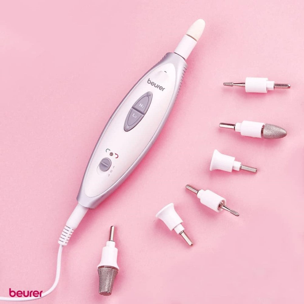Beurer MP 41 Electric Manicure & Pedicure Nail Tool Set: 7 Attachments, 2 Speed Settings, LED Light