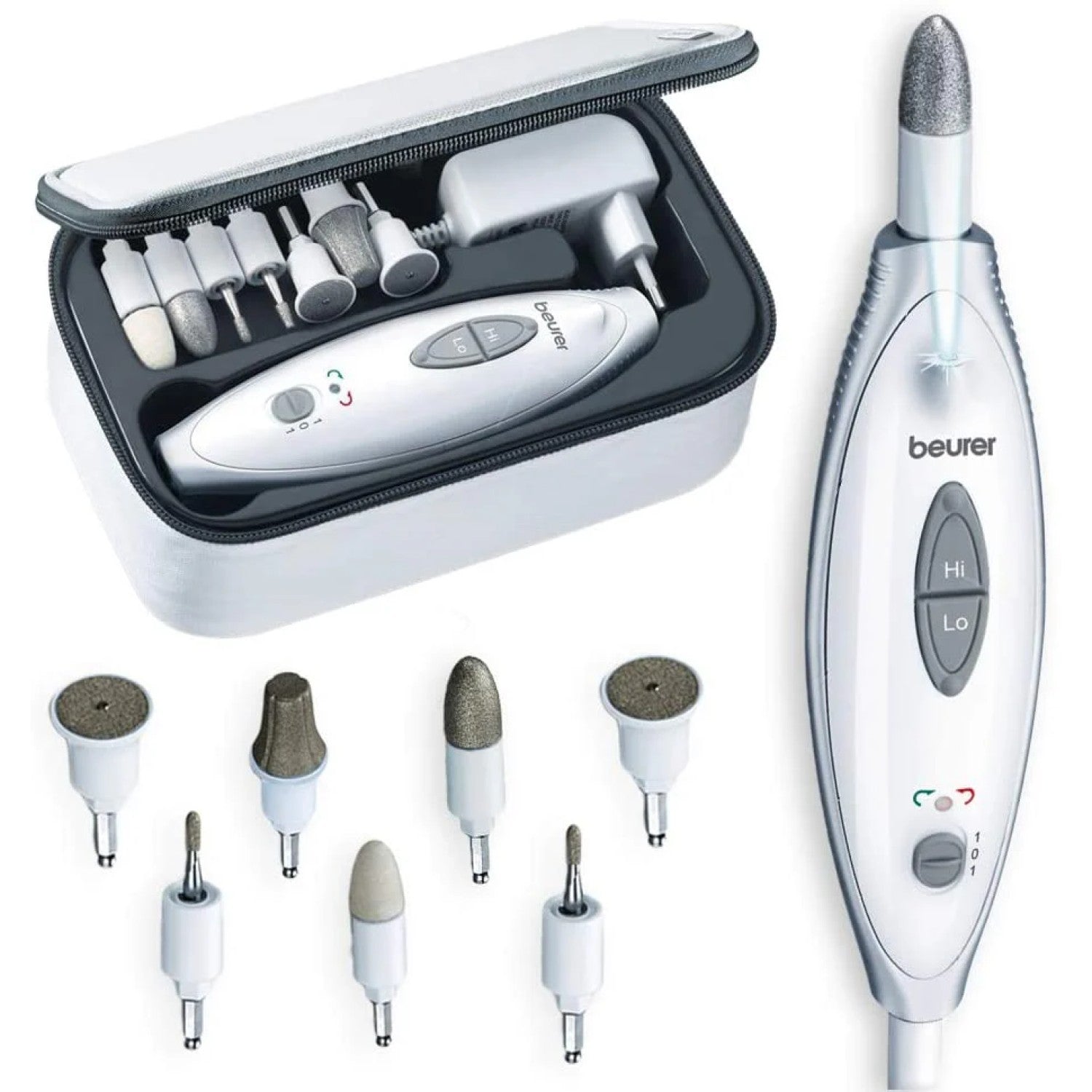 Beurer MP 41 Electric Manicure & Pedicure Nail Tool Set: 7 Attachments, 2 Speed Settings, LED Light