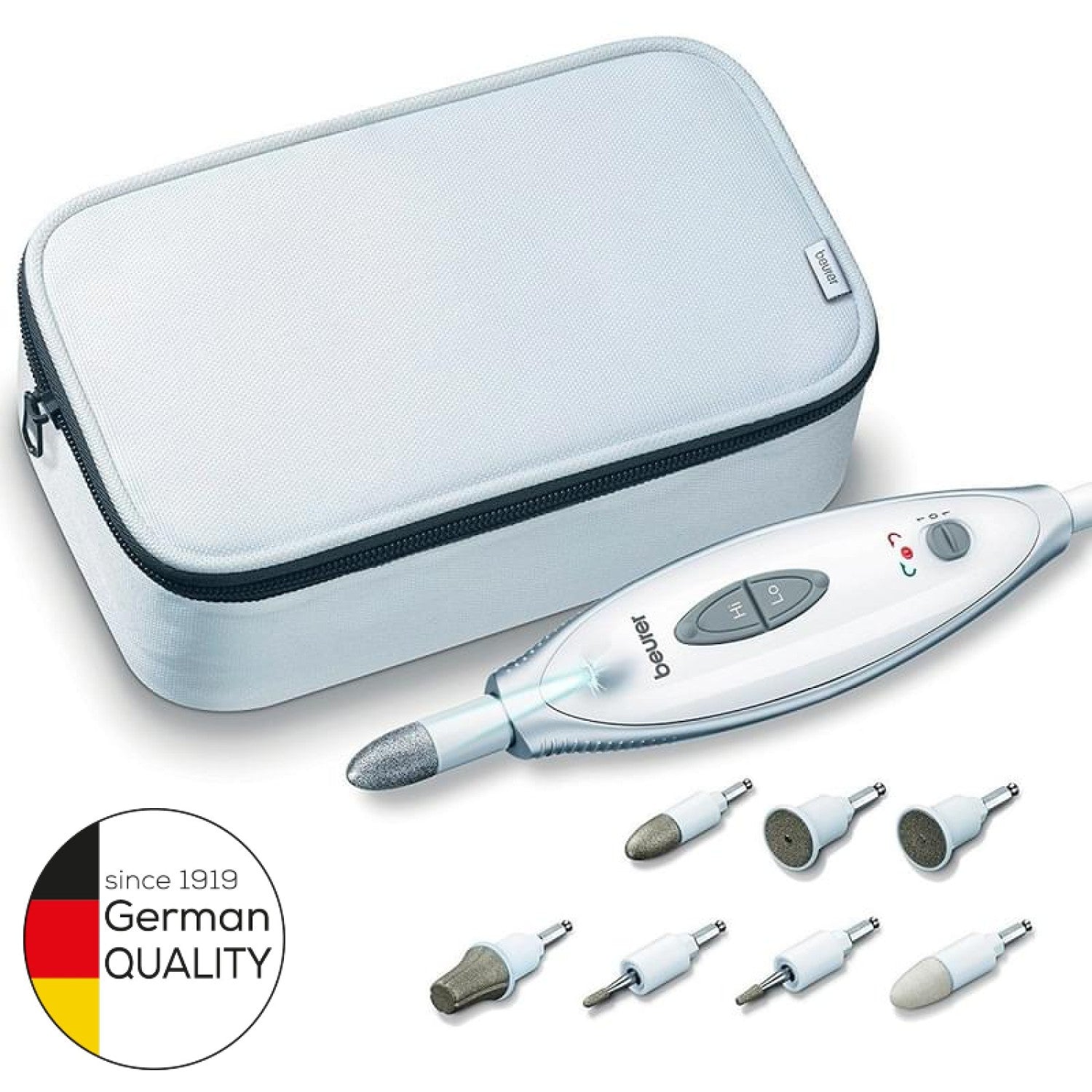 Beurer MP 41 Electric Manicure & Pedicure Nail Tool Set: 7 Attachments, 2 Speed Settings, LED Light