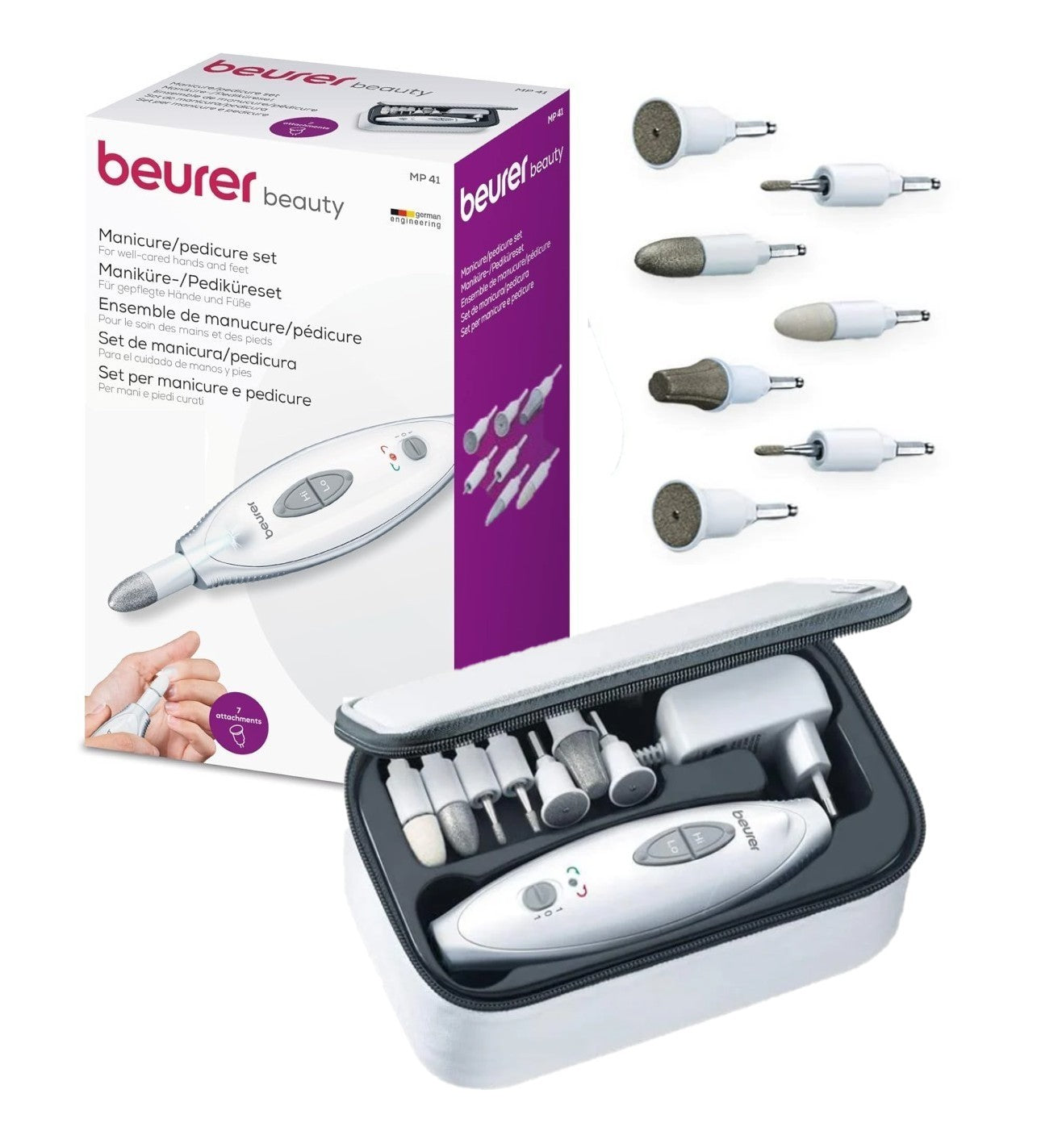 Beurer MP 41 Electric Manicure & Pedicure Nail Tool Set: 7 Attachments, 2 Speed Settings, LED Light