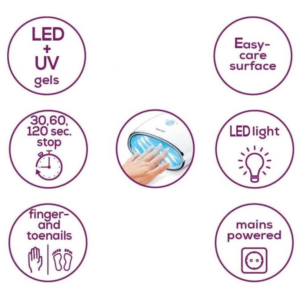 Beurer Nail Dryer for UV & LED Nail Gels: 18 LED Lights, 3x Timer Settings MP 48