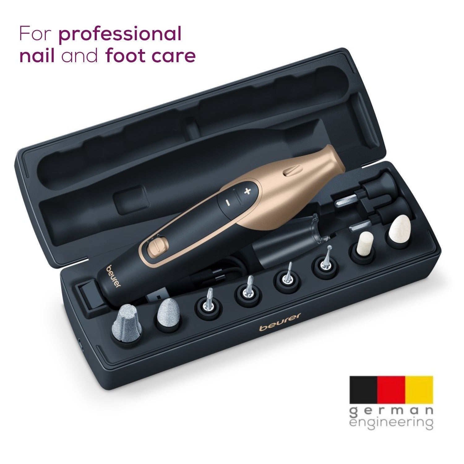 Beurer MP 84 SE Electric, Rechargeable & Cordless Manicure & Pedicure Nail Tool Set in Black & Rose Gold