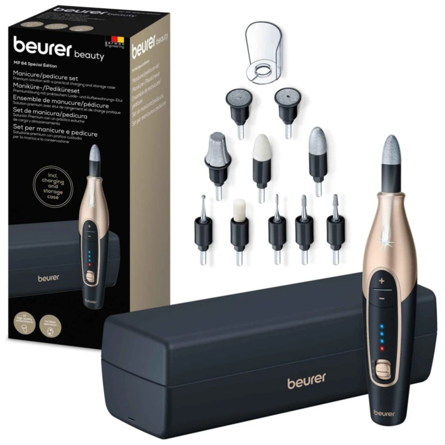 Beurer MP 84 SE Electric, Rechargeable & Cordless Manicure & Pedicure Nail Tool Set in Black & Rose Gold