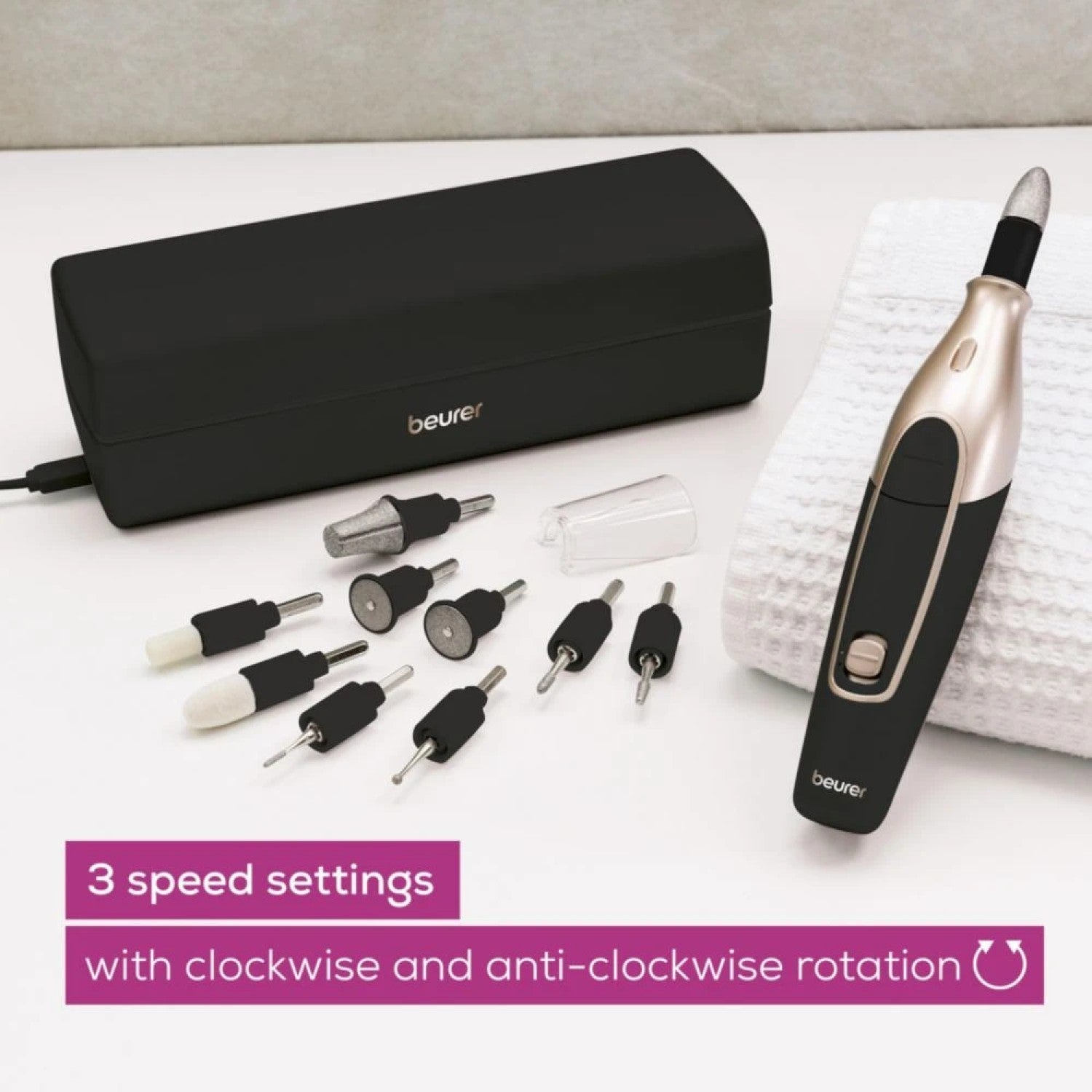 Beurer MP 84 SE Electric, Rechargeable & Cordless Manicure & Pedicure Nail Tool Set in Black & Rose Gold
