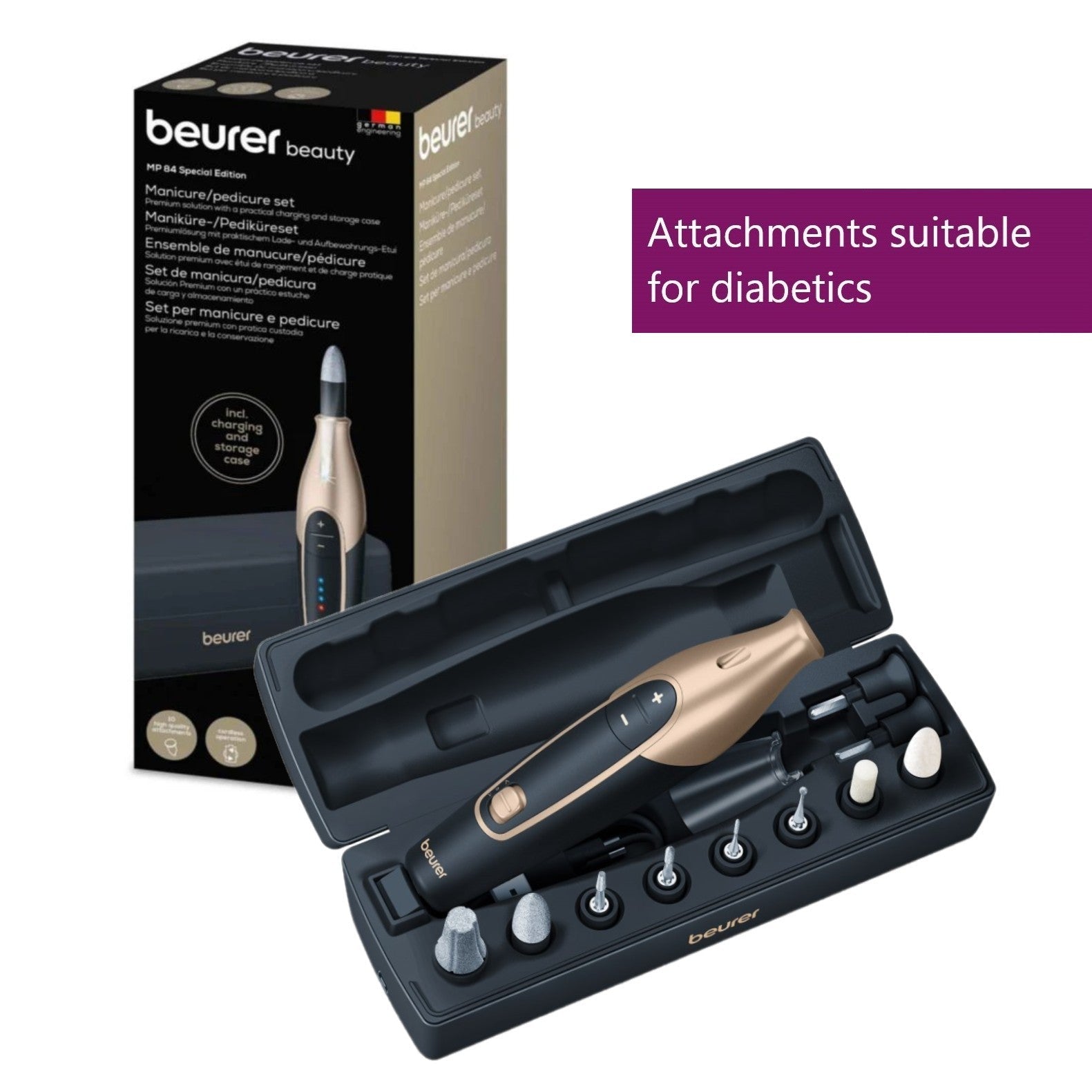 Beurer MP 84 SE Electric, Rechargeable & Cordless Manicure & Pedicure Nail Tool Set in Black & Rose Gold