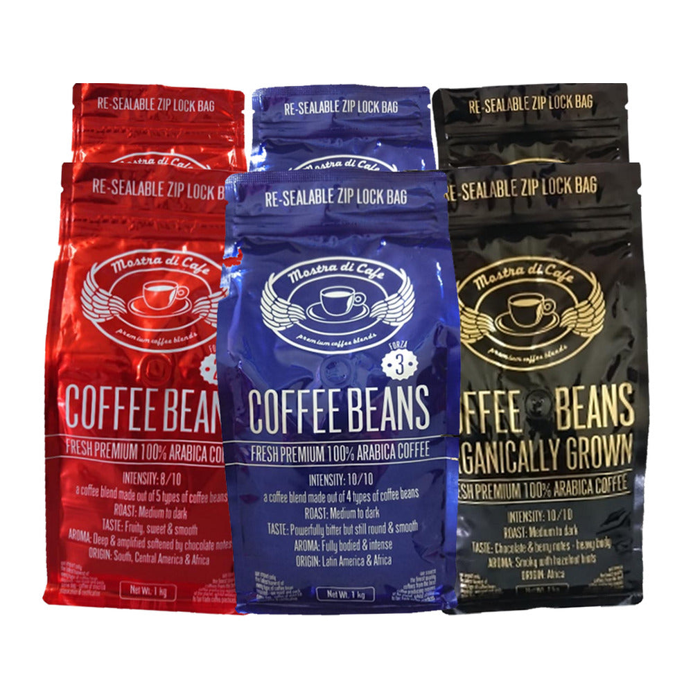 Mostra Di Cafe mixed six pack, Forza 2, Forza 3 and Organically Grown coffee beans 1kg