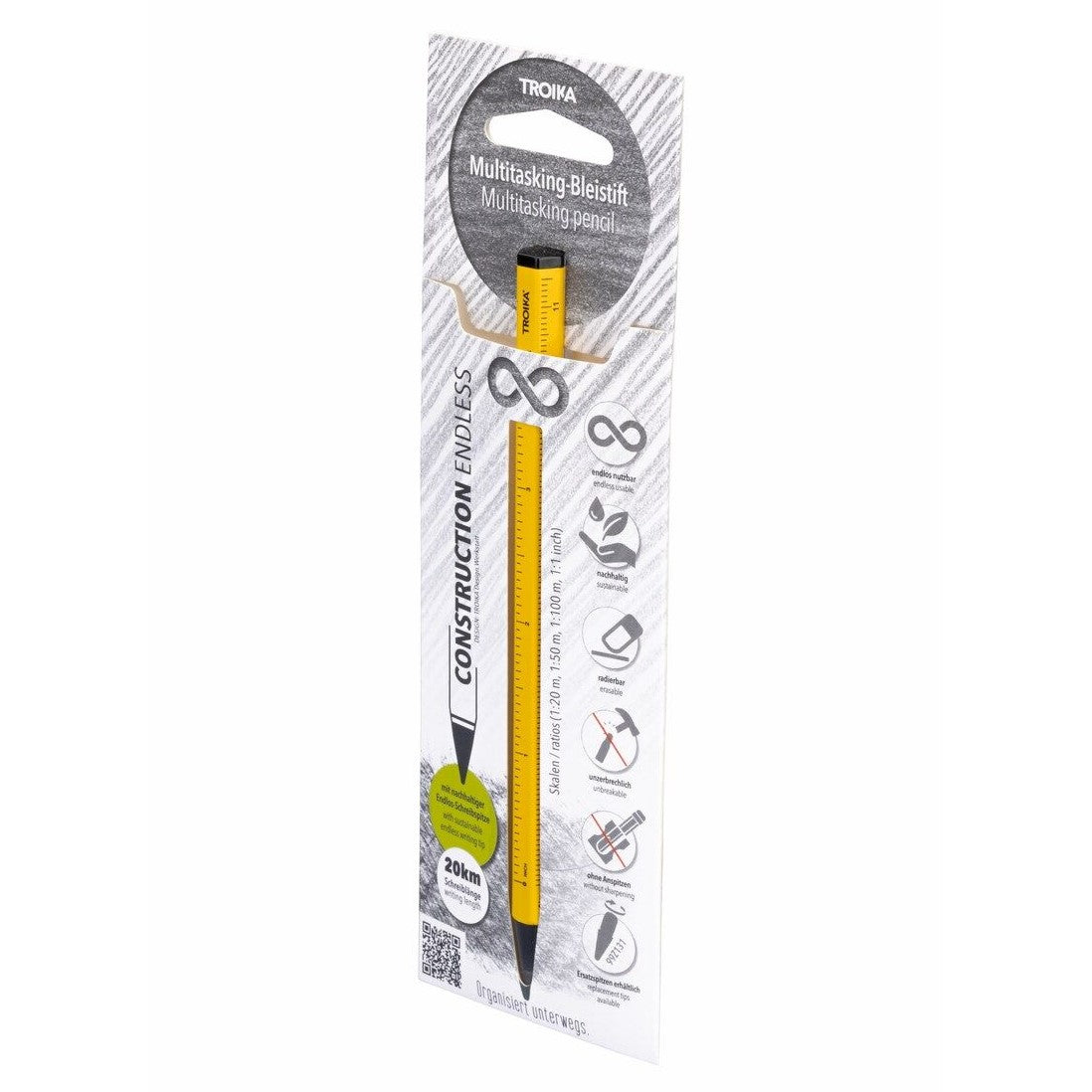 TROIKA Germany HB Pencil ENDLESS 20km Writing. No Sharpening. Erasable. Metal Body - Yellow