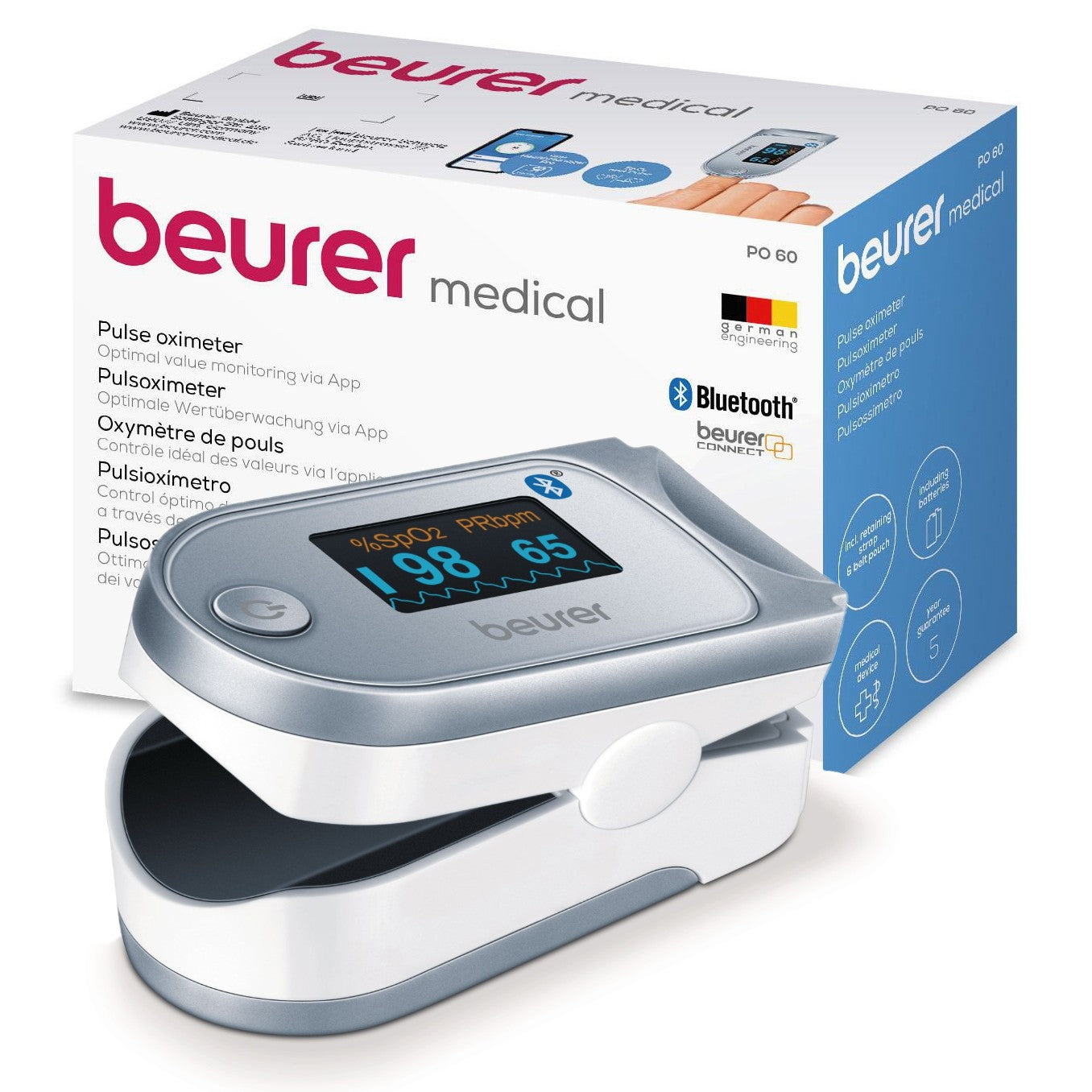 Beurer Germany PO 60 Pulse Oximeter with Bluetooth & App: Oxygen Saturation Level & Pulse