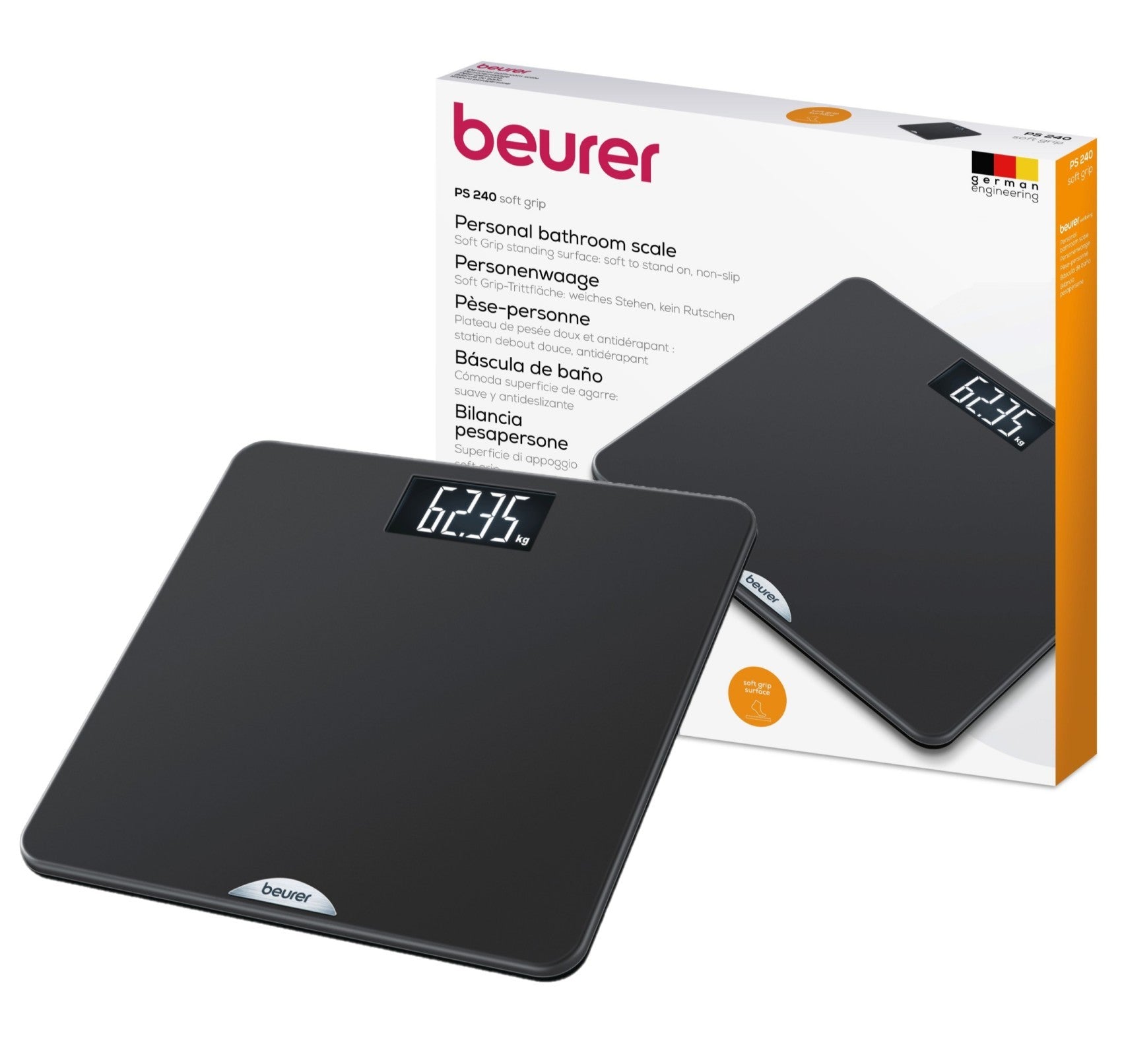 Beurer PS 240 Non-Slip Bathroom Scale Backlit LCD Display, 180kg Capacity - Elegant Black