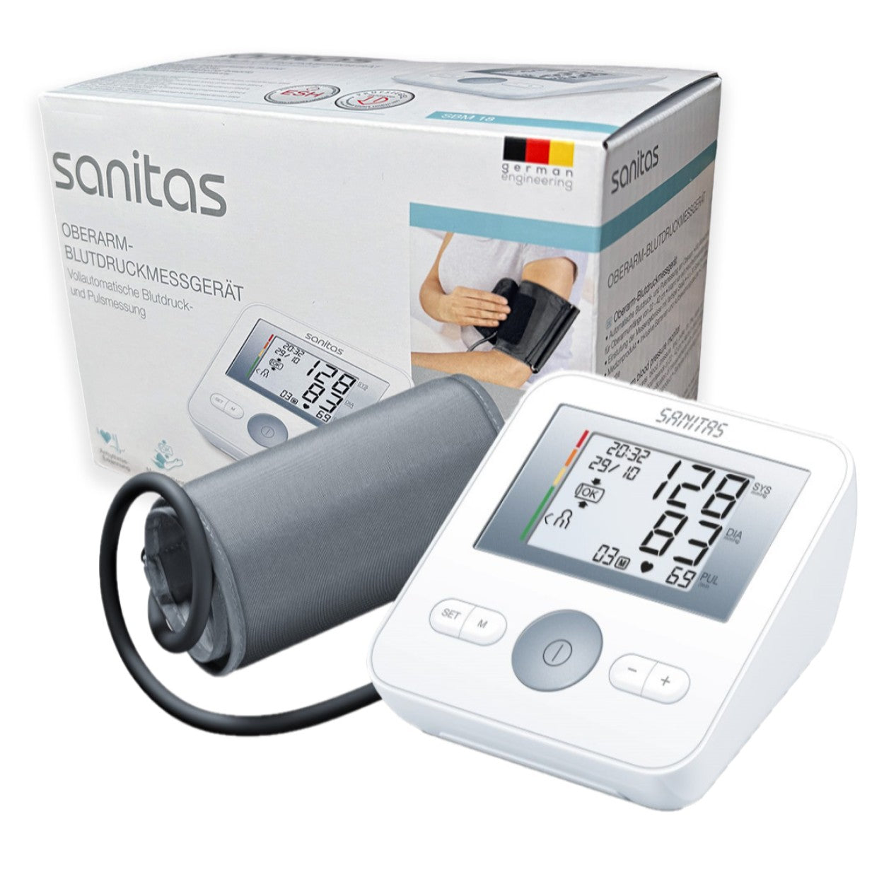 Sanitas Upper Arm Blood Pressure Monitor | Arrhythmia Detection | Easy-Read Display | Memory Function | SBM 18