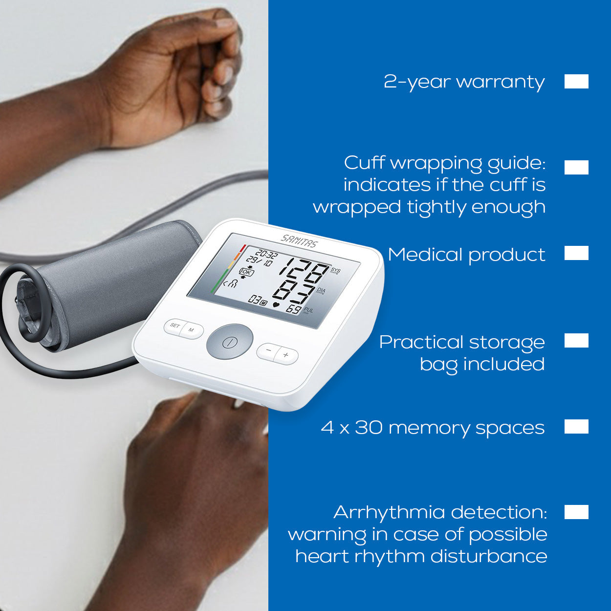 Sanitas Upper Arm Blood Pressure Monitor | Arrhythmia Detection | Easy-Read Display | Memory Function | SBM 18