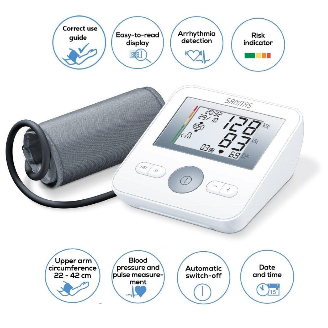 Sanitas Upper Arm Blood Pressure Monitor | Arrhythmia Detection | Easy-Read Display | Memory Function | SBM 18