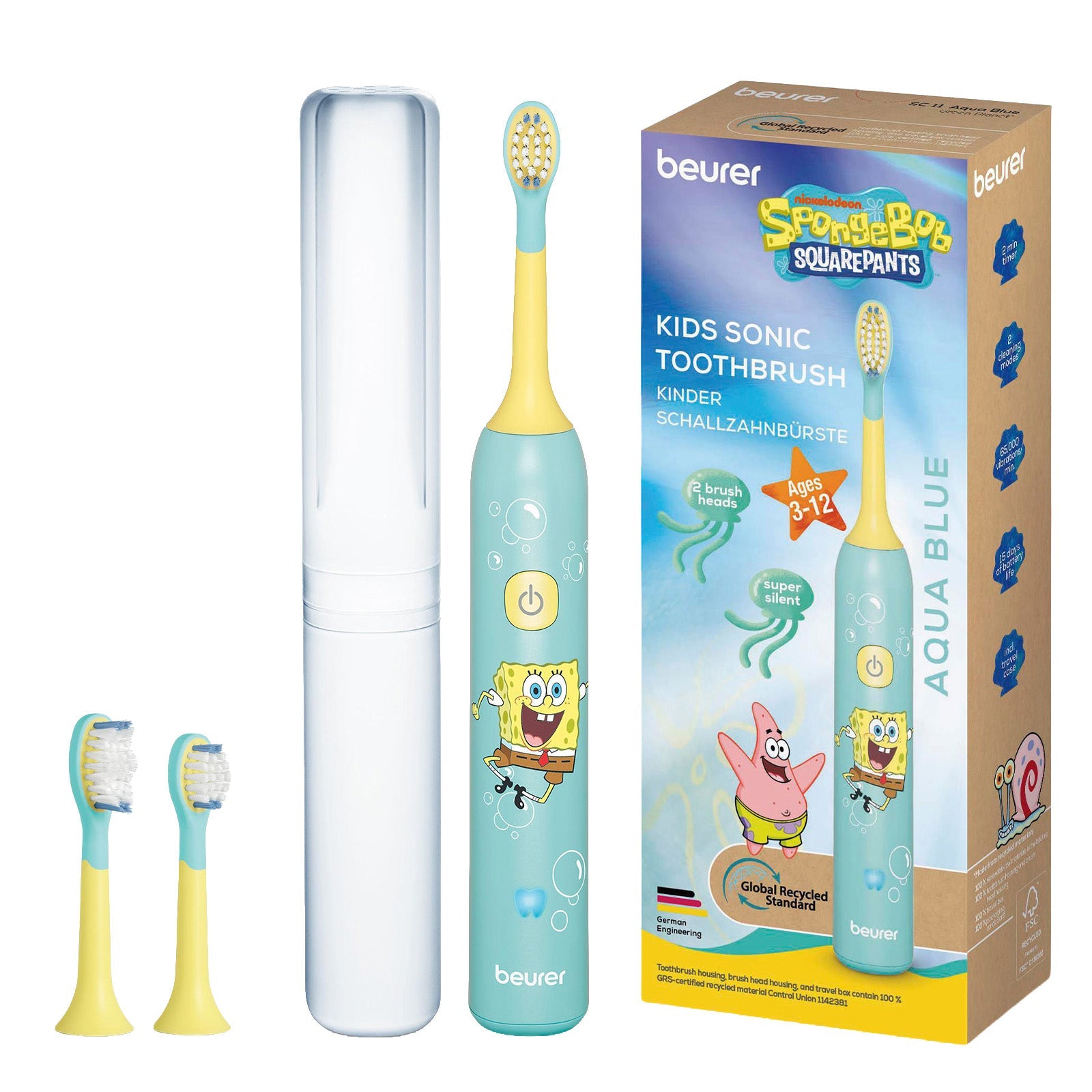 Beurer Germany SpongeBob Sonic Toothbrush | 2 Brush Heads Ages 3-6 | SC 11 Aqua Blue