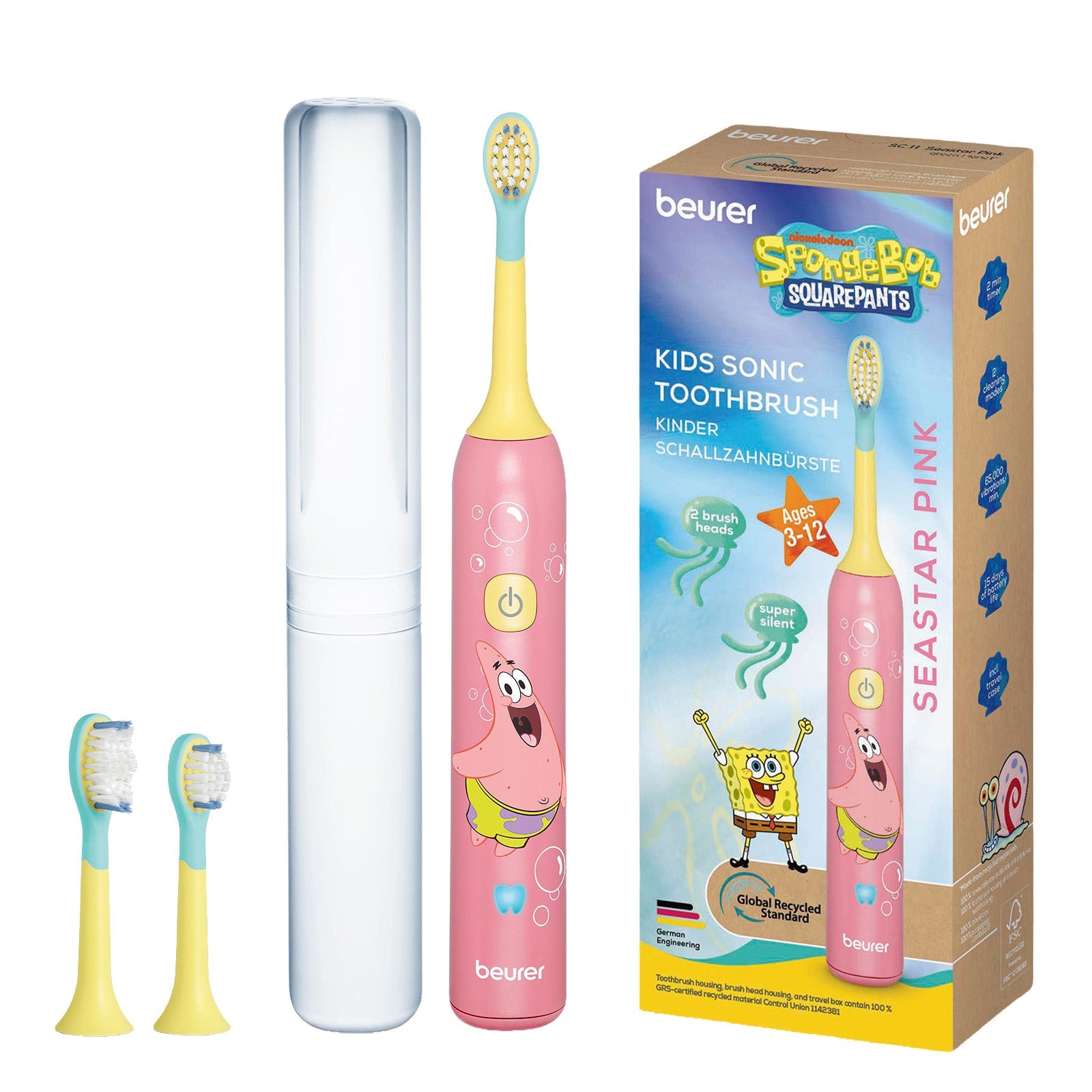 Beurer Germany Patrick Star Sonic Toothbrush | 2 Brush Heads for Ages 3-6 | SC 11 Pink