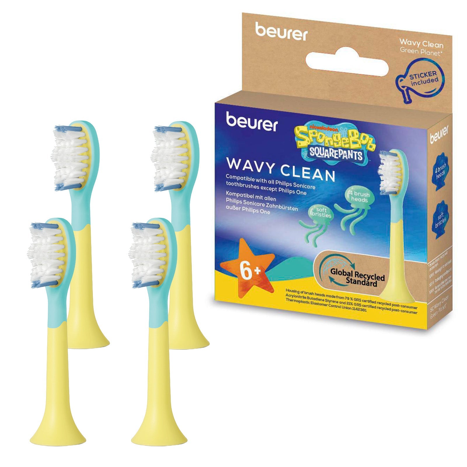 Beurer Germany Wavy Clean Sonic Toothbrush Heads | 4 Pack | Ages 6 and Up