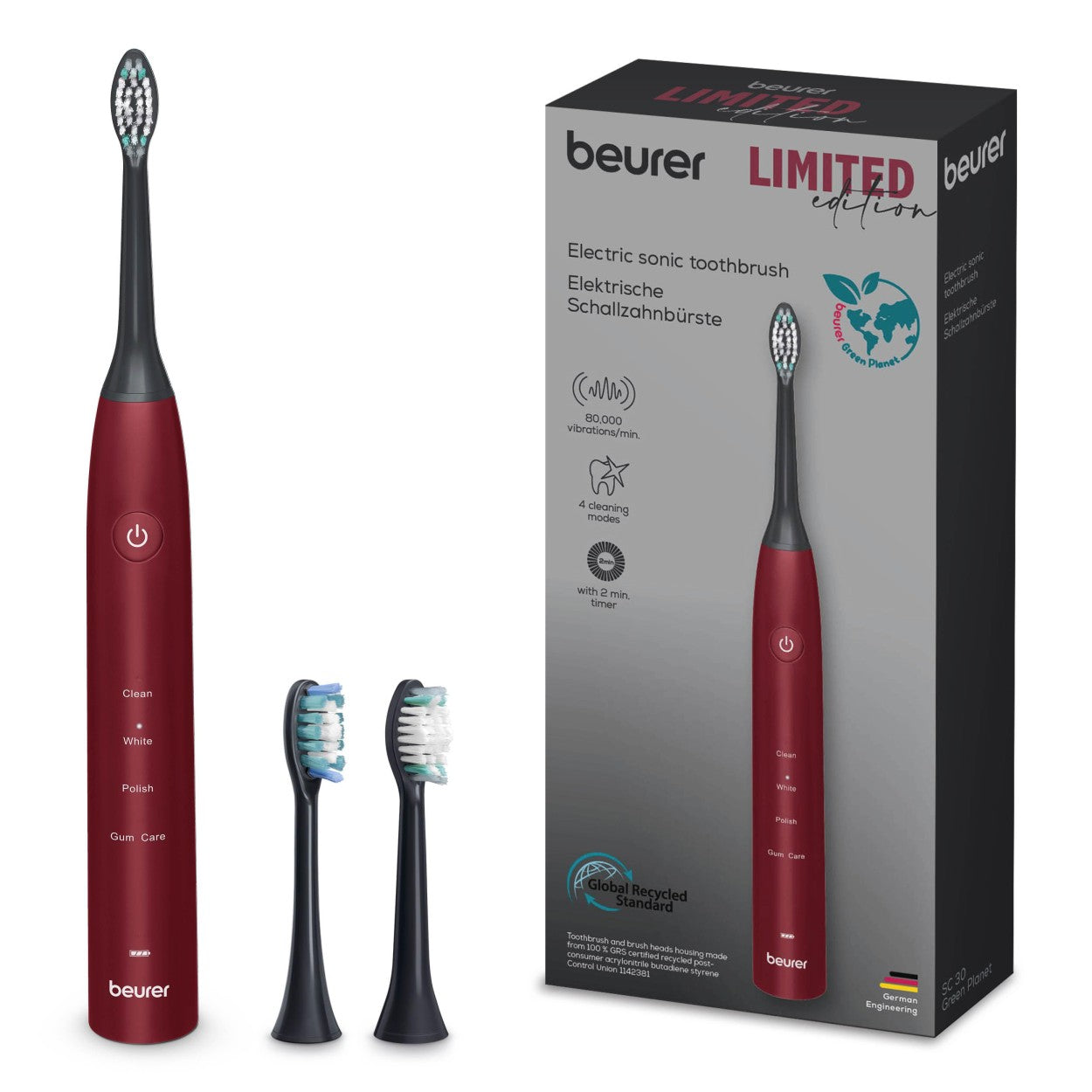 Beurer SC 30 LE25 Rechargeable Electric Sonic Toothbrush | Advanced Sonic Cleaning | Eco-Friendly | Ltd Edition Ripe Cherry Red