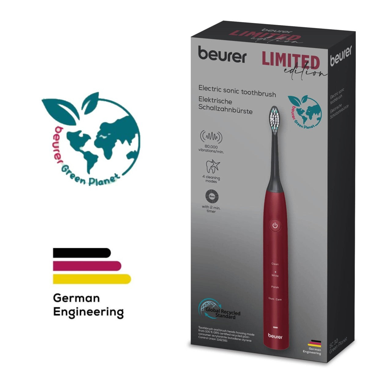 Beurer SC 30 LE25 Rechargeable Electric Sonic Toothbrush | Advanced Sonic Cleaning | Eco-Friendly | Ltd Edition Ripe Cherry Red